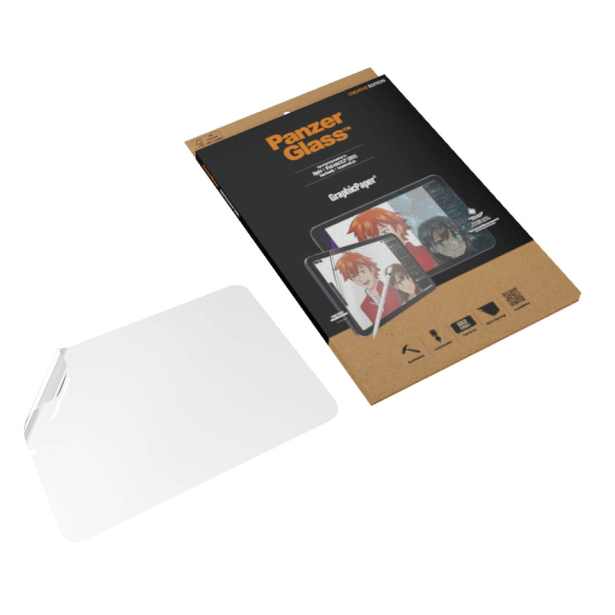 Ochraniacz ekranu i opakowanie. Opakowanie przedstawia postacie z anime i tablet. Przezroczysty ochraniacz.