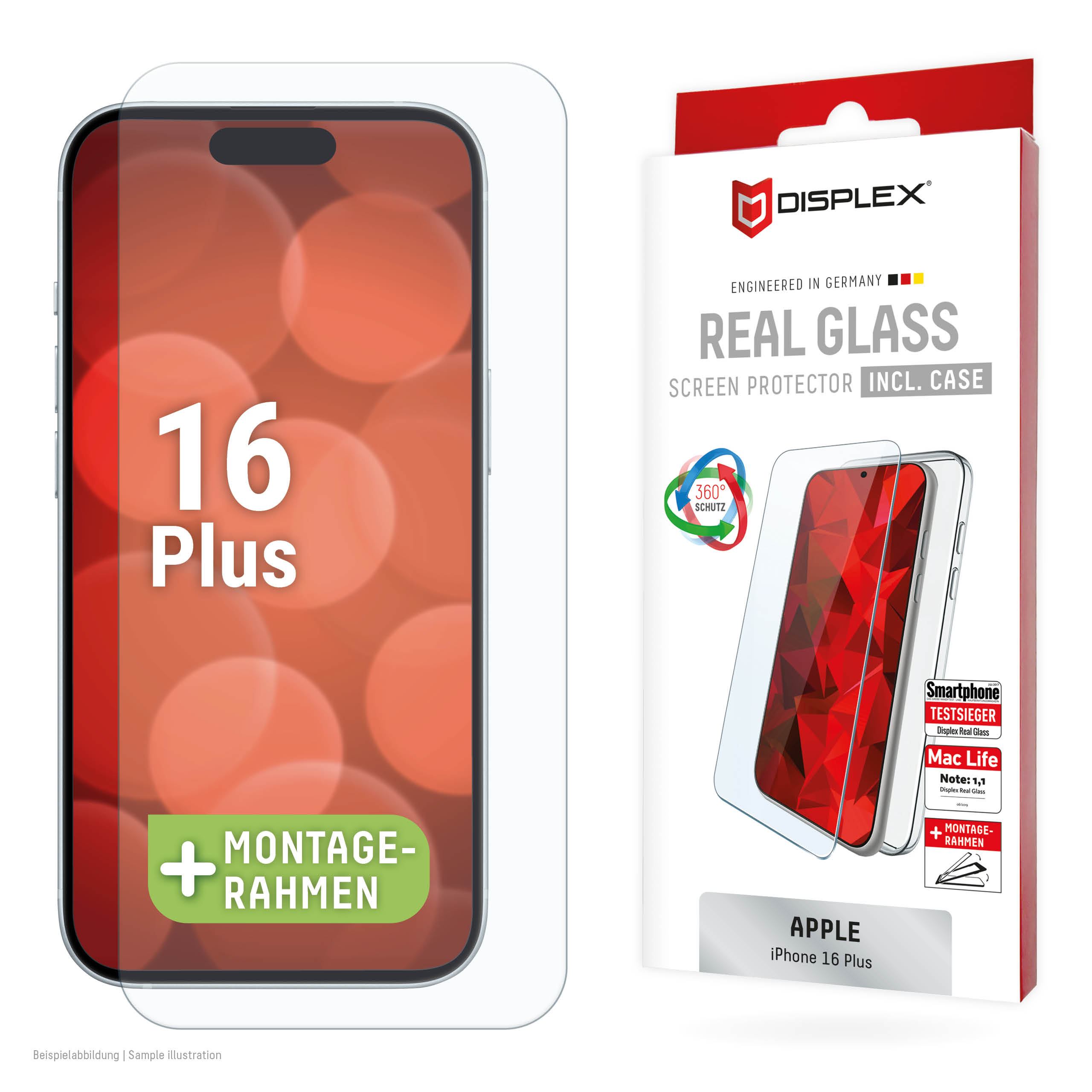 Ein Displayschutz mit dem Text '16 Plus' und eine Verpackung mit dem gleichen Schutz und Telefon. Weißer Hintergrund.