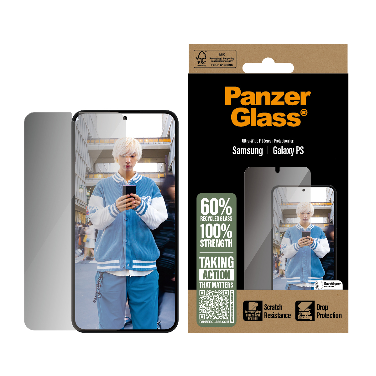 Telefon- und Displayschutzverpackung. Ein Mann in blauem Blazer hält ein Telefon.