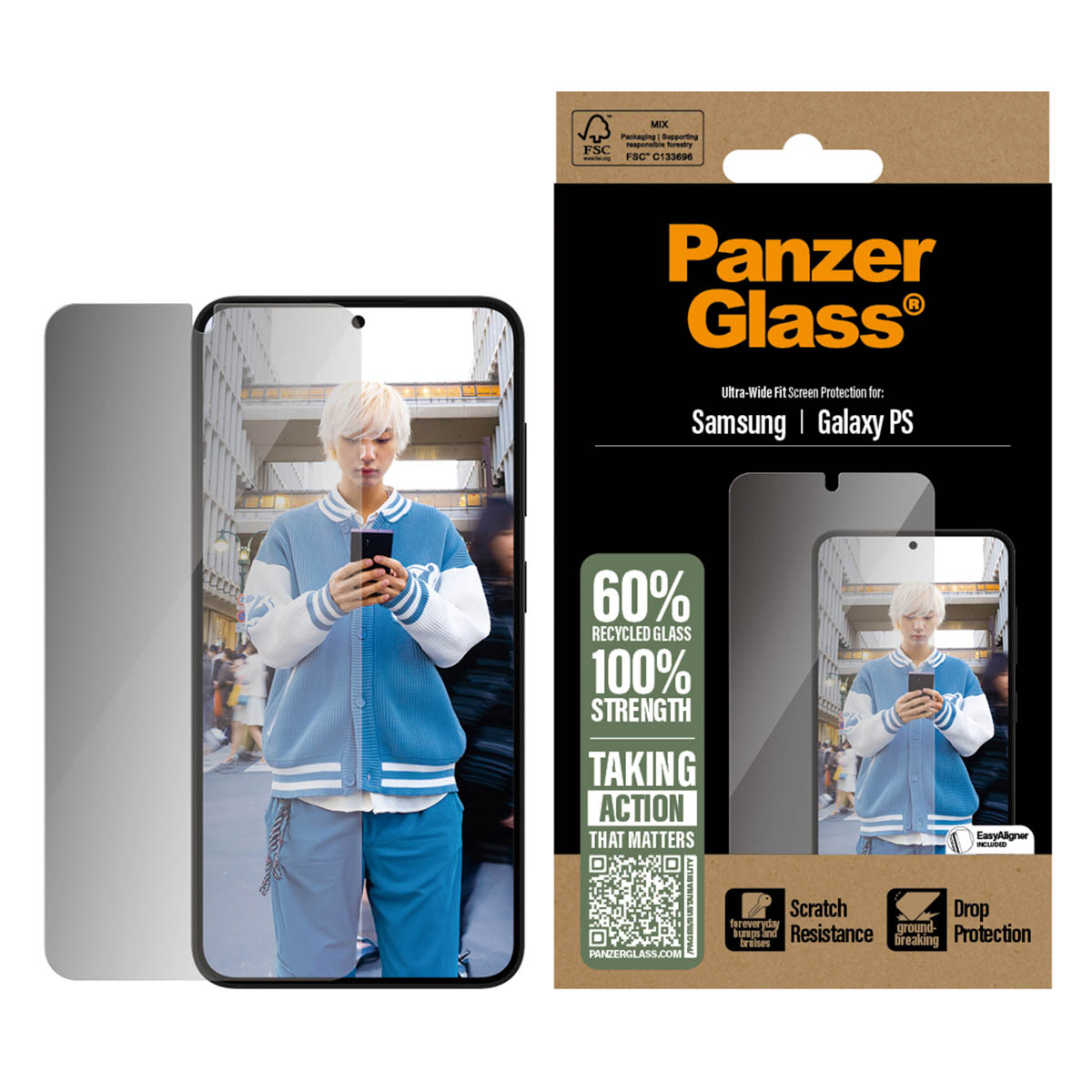 Telefon- und Displayschutzverpackung. Ein Mann in blauem Blazer hält ein Telefon.