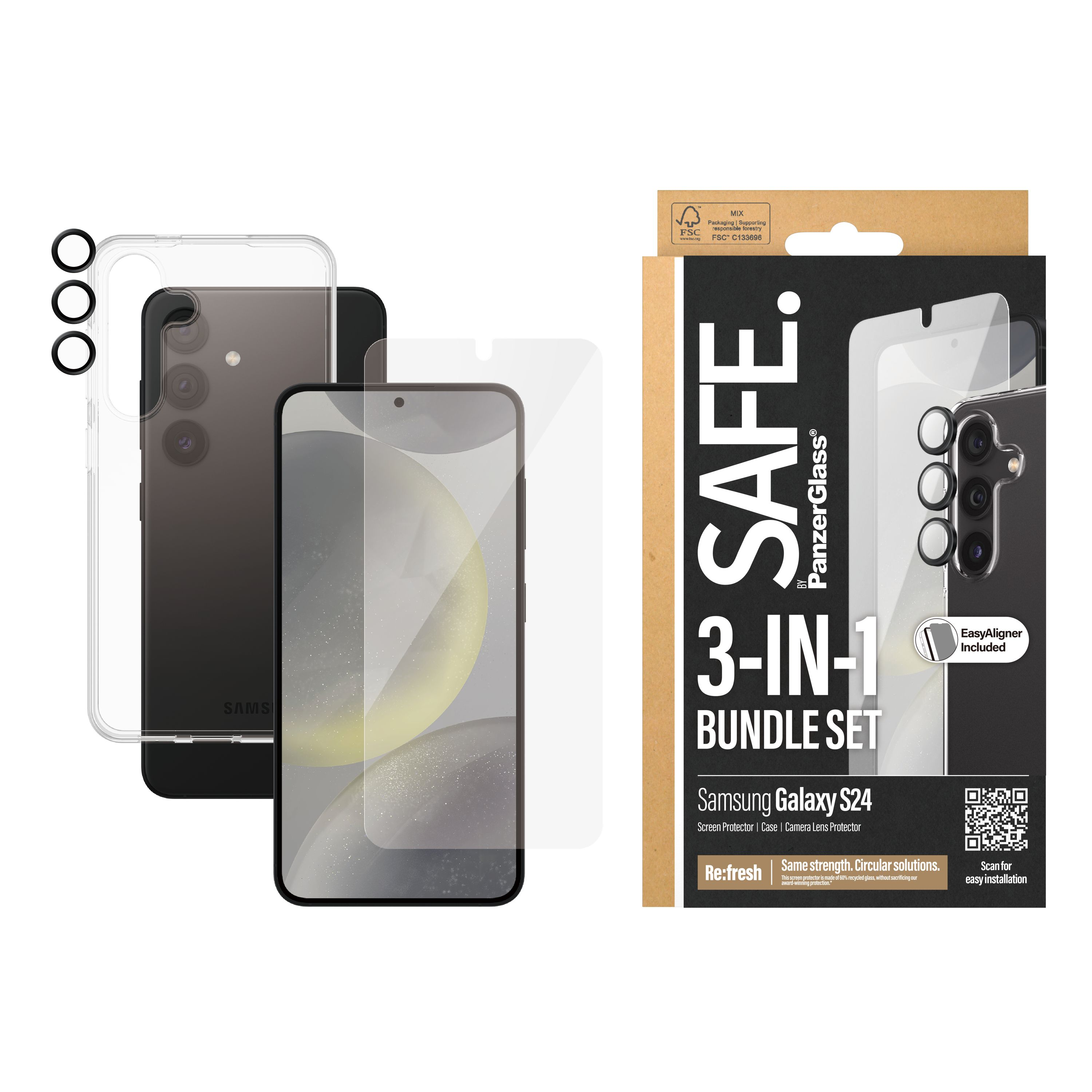 Telefono, protezione schermo e confezione. Custodia trasparente con accessori. Sfondo bianco.