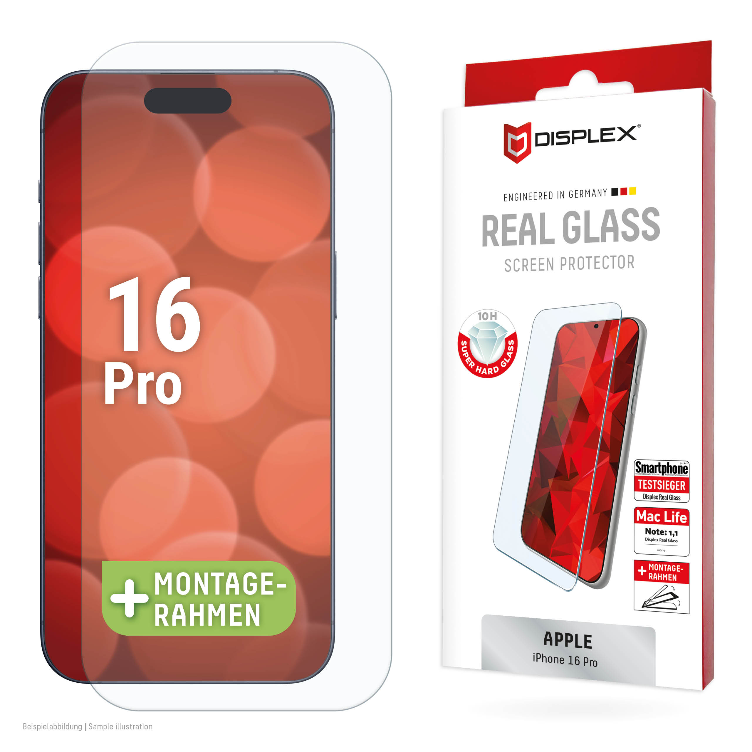 Proteggi schermo Apple iPhone 16 Pro con telaio di montaggio e scatola del prodotto.