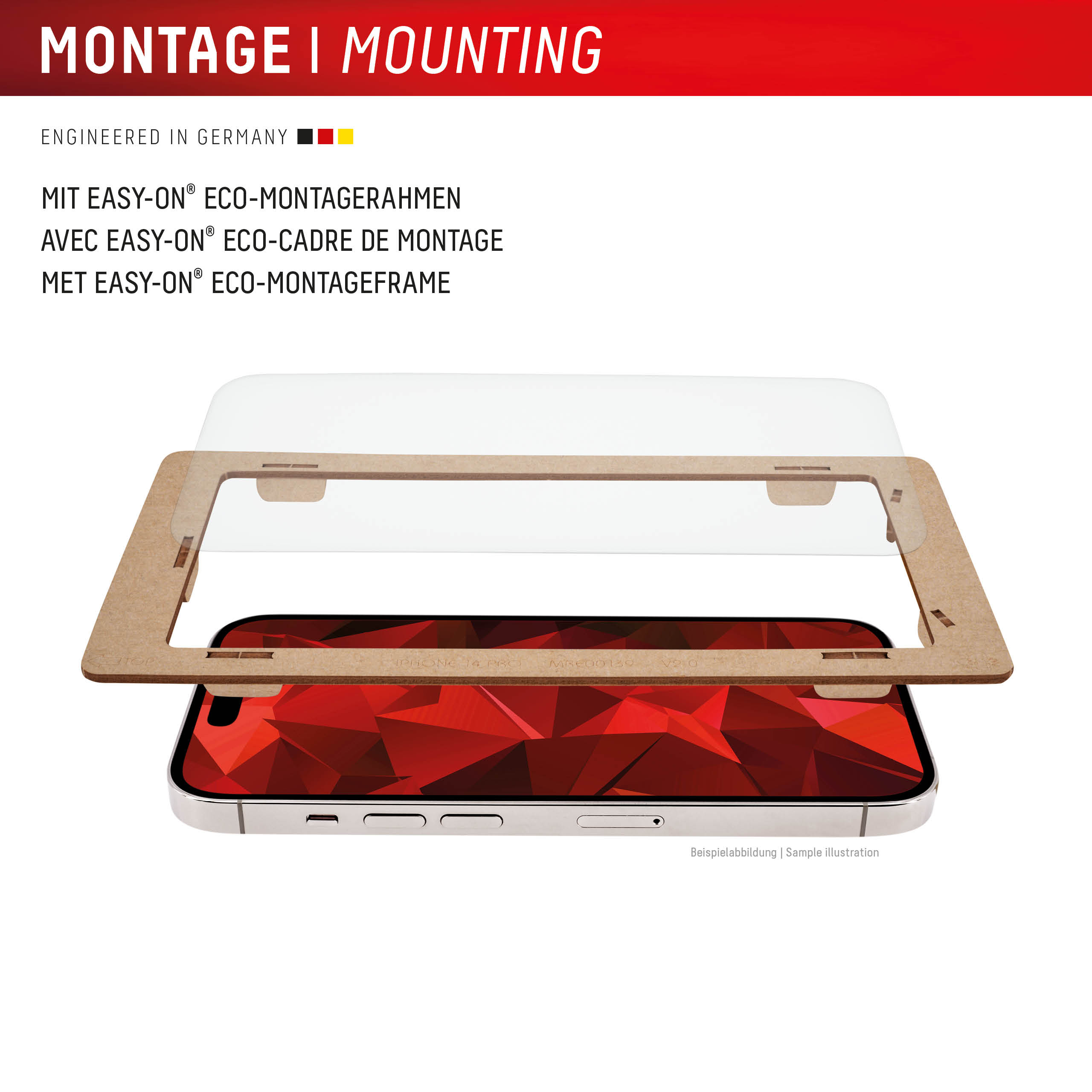 Un telaio di montaggio e un telefono con protezione schermo rossa.