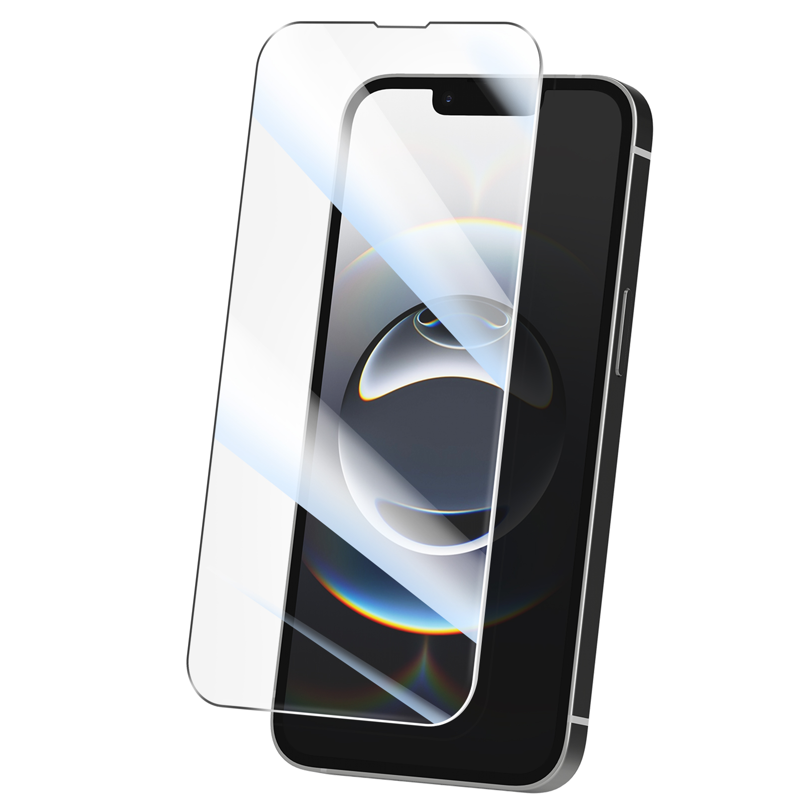 Telefono con protezione schermo trasparente applicata. Lo schermo è nero. La protezione è trasparente.