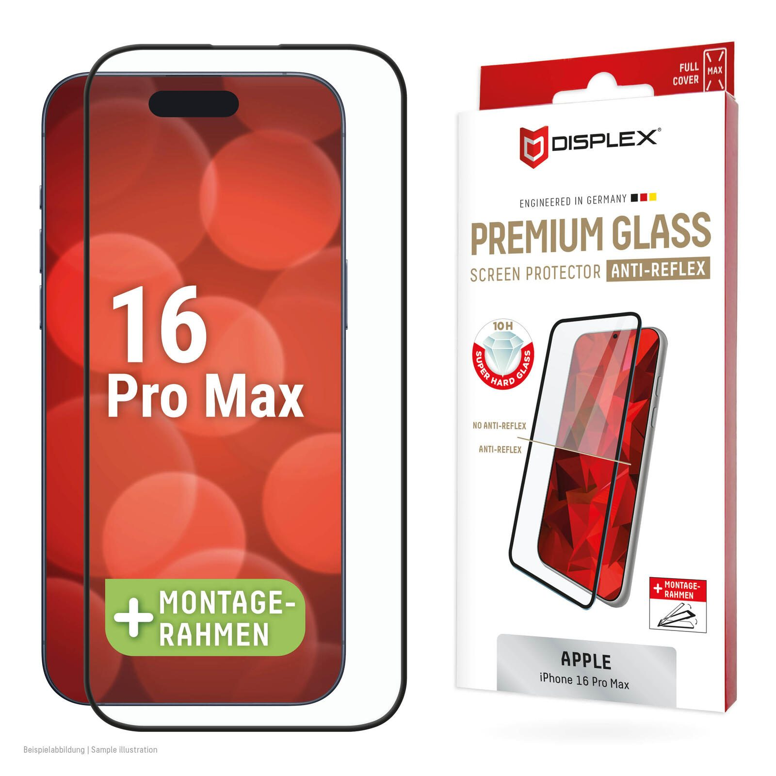 Telefono con protezione schermo e scatola. Il telefono mostra uno sfondo rosso. La scatola dice Premium Glass.