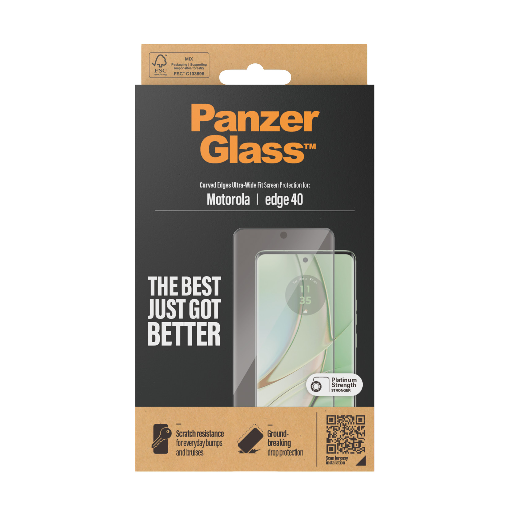 Scatola protezione schermo PanzerGlass per Motorola edge 40, con telefono e protezione, testo: The Best Just Got Better.