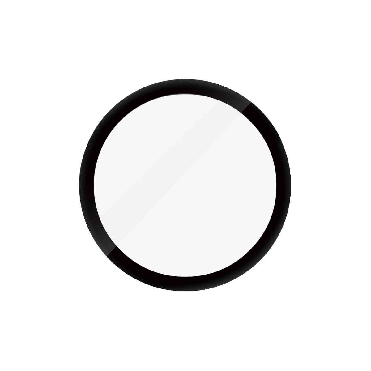 Protezione schermo circolare con bordo nero, su sfondo bianco.