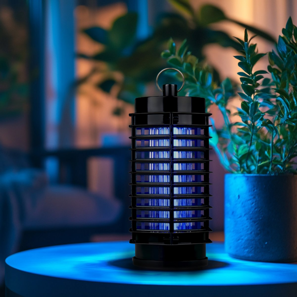 Zwarte insectenlamp op tafel, plant op de achtergrond, blauwe gloed.