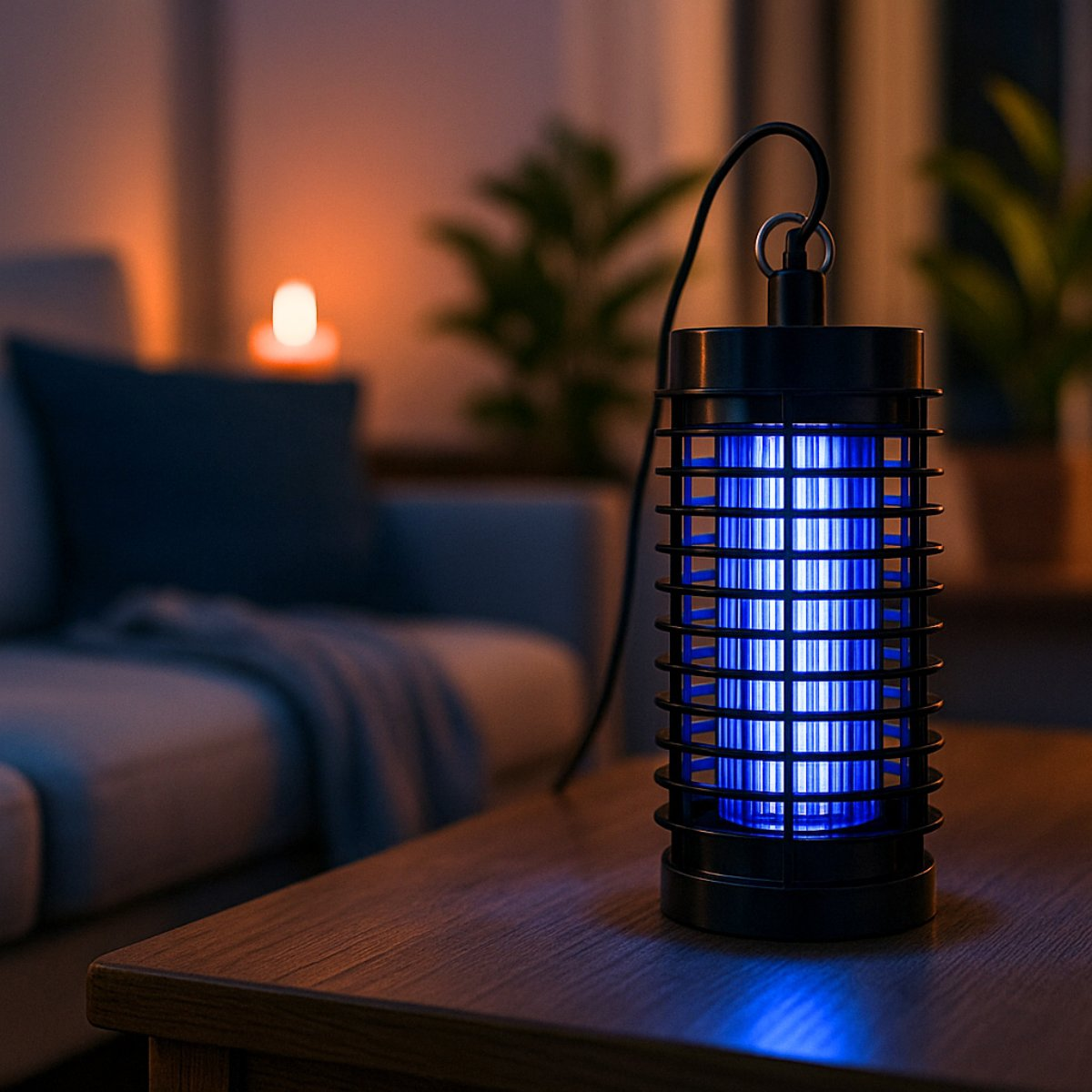 Zwarte insectenlamp op tafel, blauw licht, woonkameromgeving.