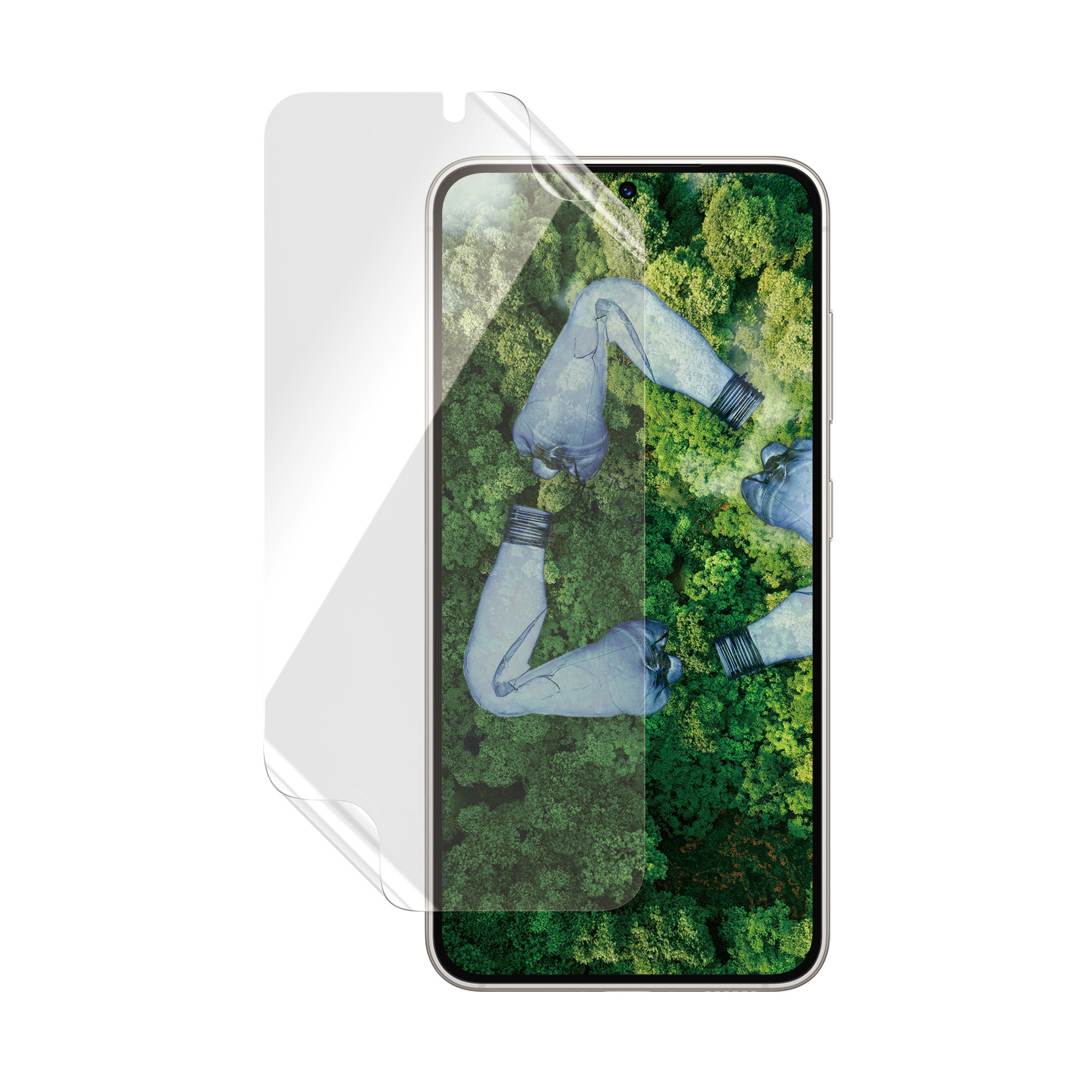 Telefono con protezione schermo, mostra simbolo riciclo. Sfondo foresta.