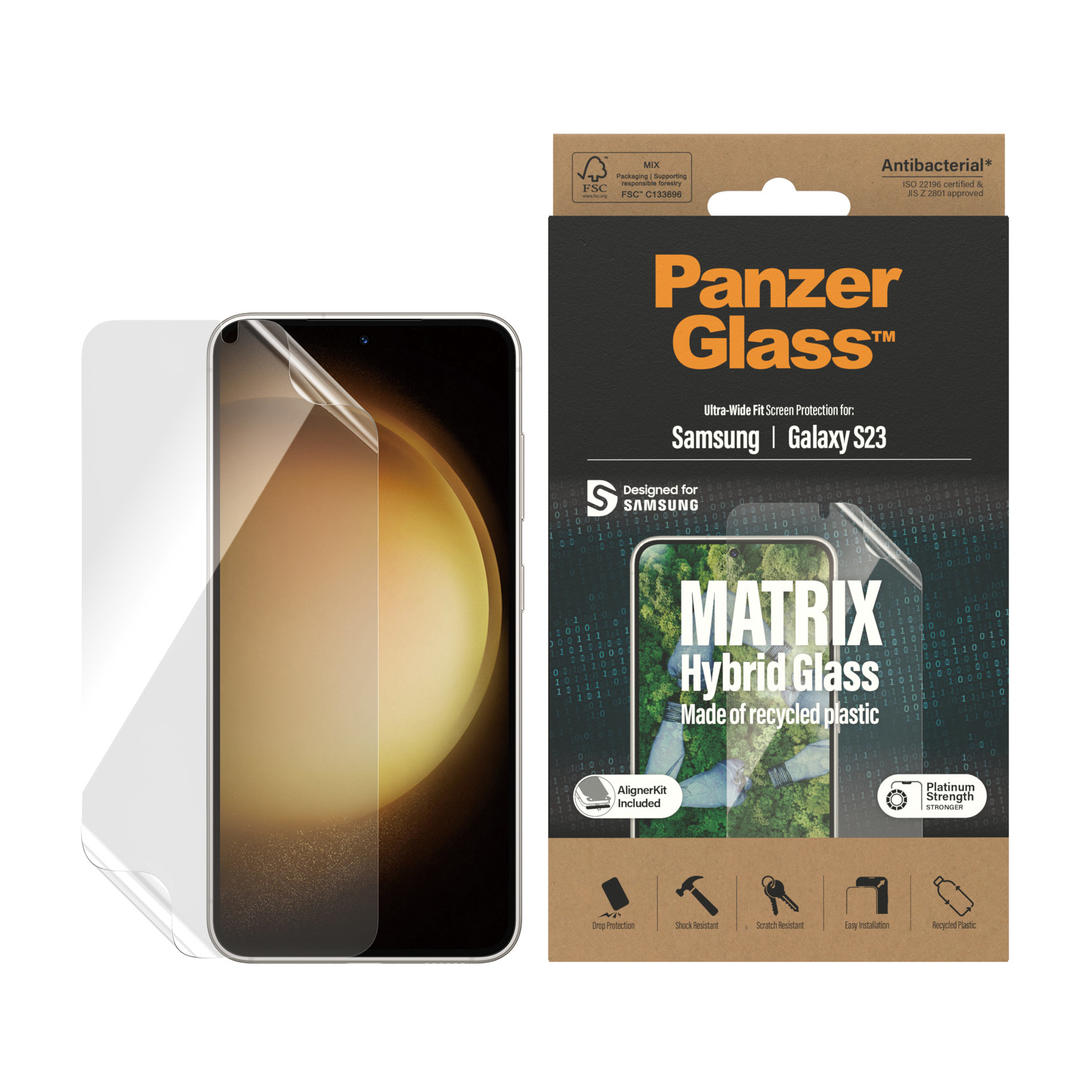 Confezione protezione schermo PanzerGlass per Samsung Galaxy S23. Include vetro, kit di allineamento e caratteristiche.