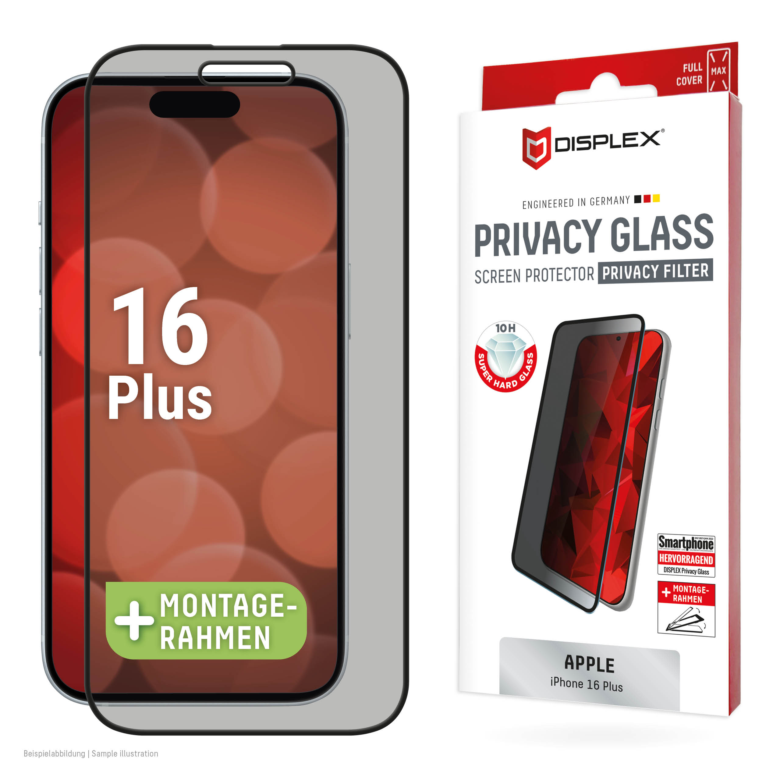 Proteggi schermo con telefono e scatola. La scatola è bianca e rossa, con scritta 'Privacy Glass'.