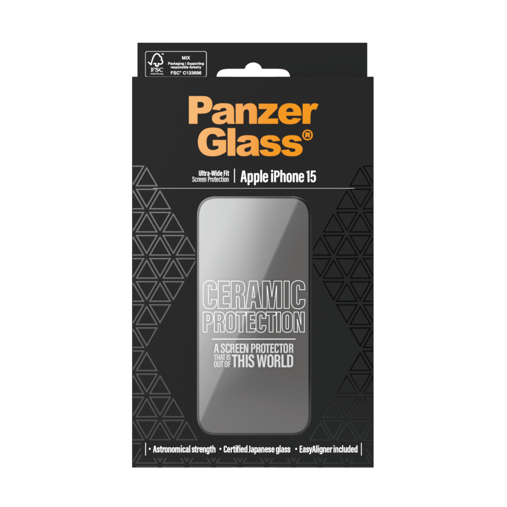 Ekran koruyucu içeren kutu. Metin 'PanzerGlass', 'Apple iPhone 15' ve 'Ceramic Protection' içerir.