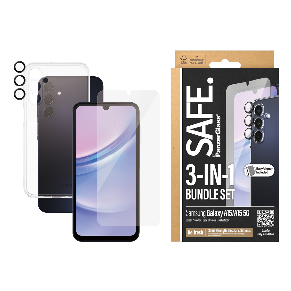 Telefono, protezione schermo e custodia. Custodia trasparente, telefono nero e protezione. Scatola del prodotto a destra.