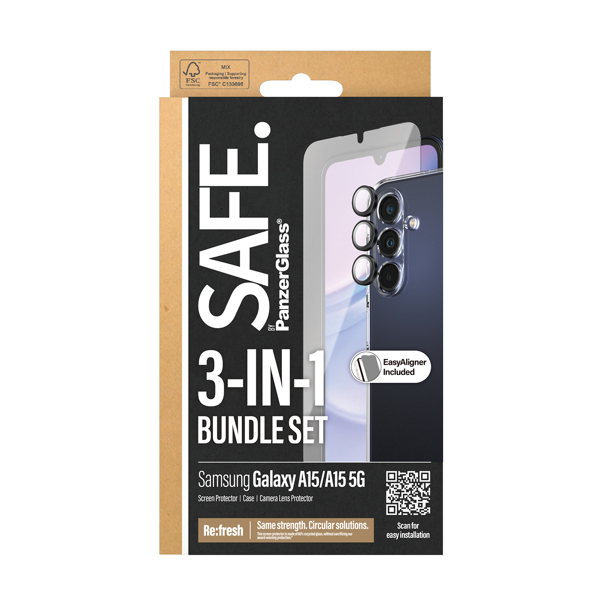 Scatola con telefono, protezione schermo e custodia. Testo: 'SAFE', '3-IN-1 BUNDLE SET' e 'Galaxy A15/A15 5G'.