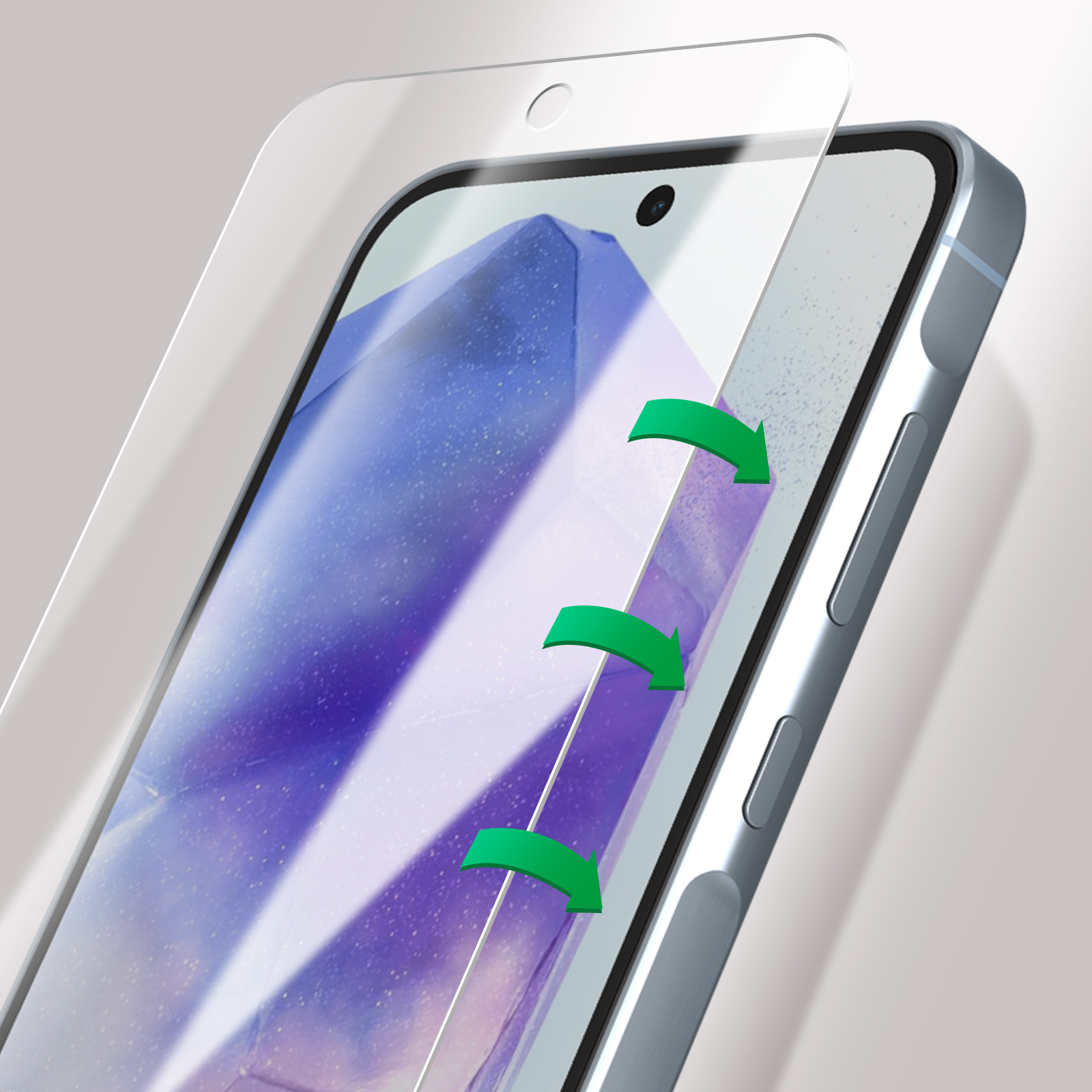 Un telefono con una protezione schermo trasparente in fase di applicazione. Frecce verdi indicano la direzione.