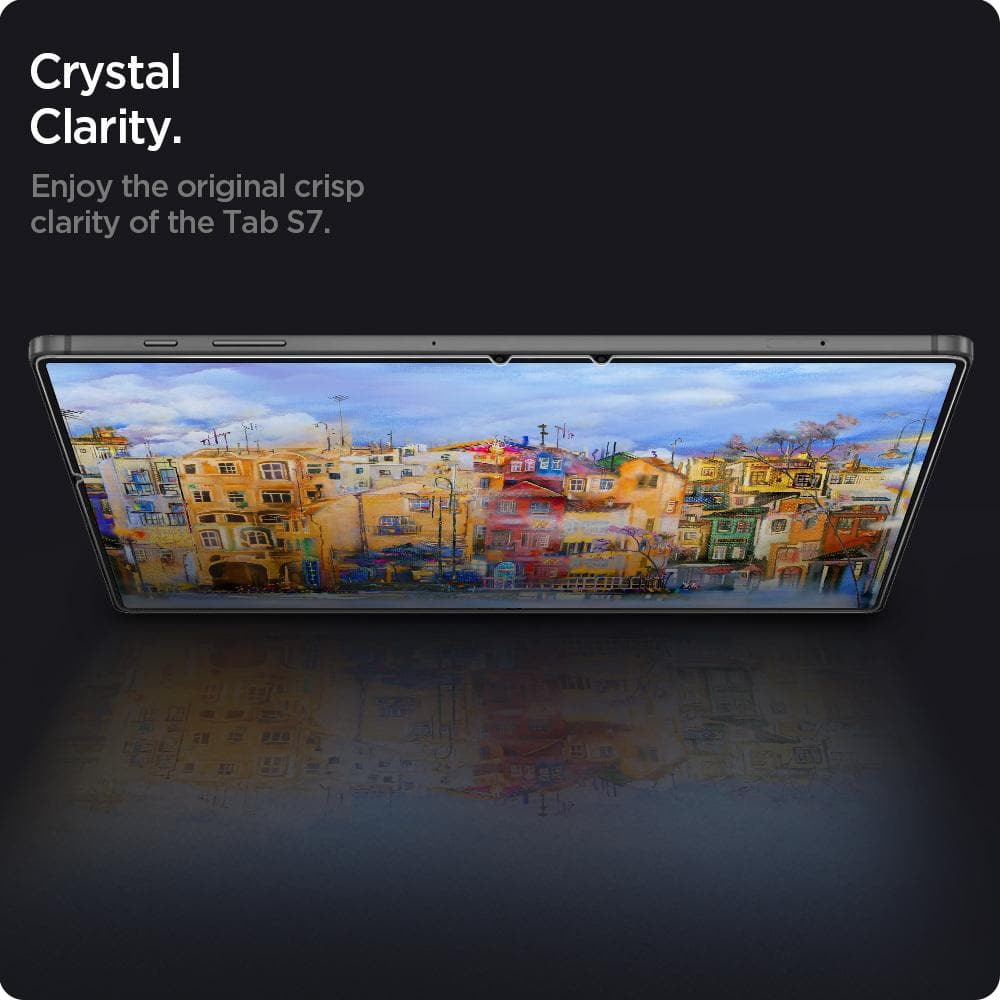 Un tablet con un proteggi schermo. Il tablet mostra una vista della città. Sfondo nero.