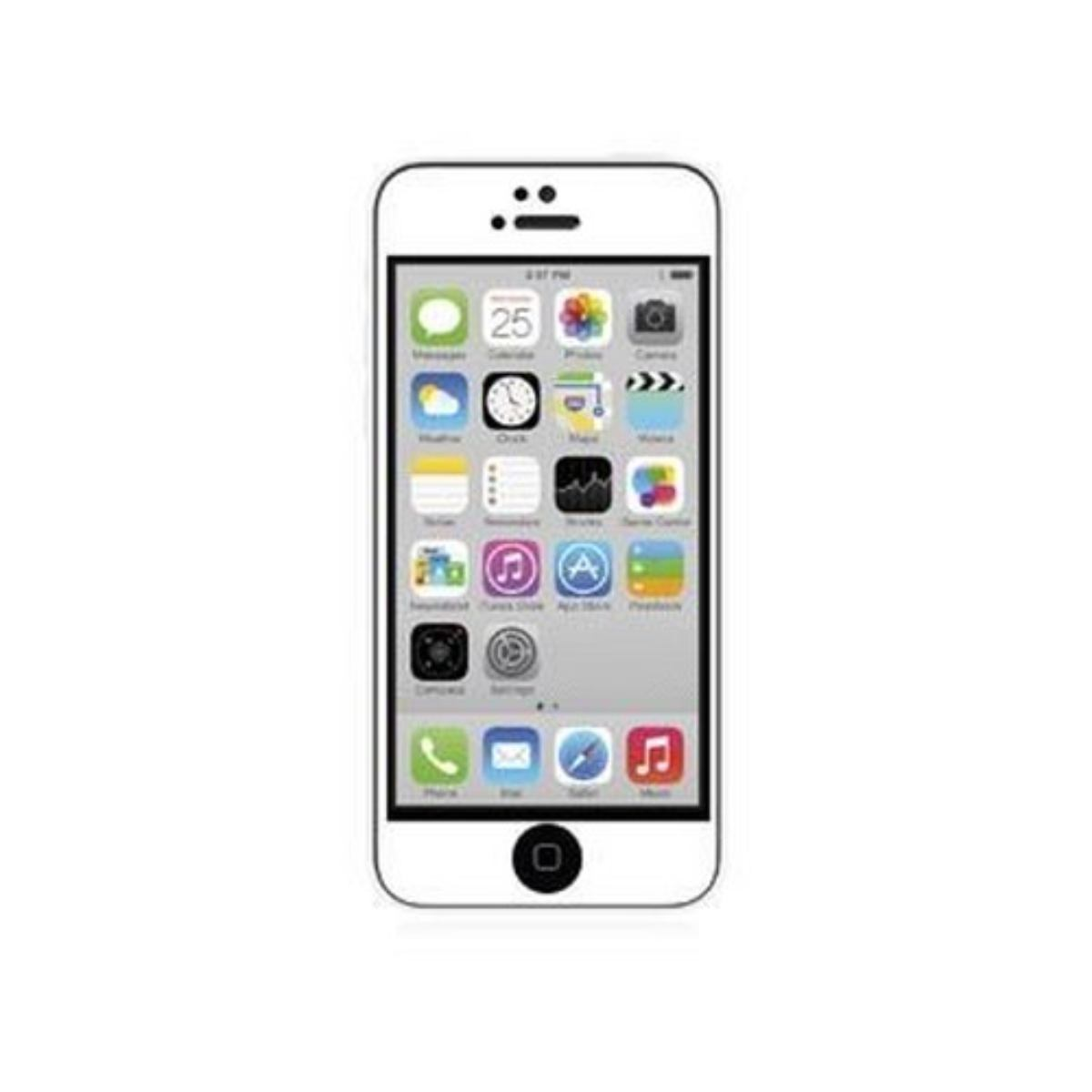 Un iPhone bianco con app visualizzate sullo schermo su sfondo bianco.