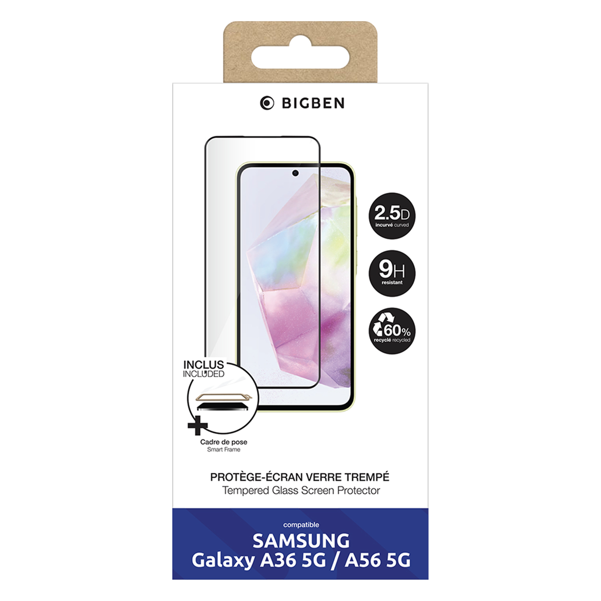 Ochraniacz ekranu ze szkła hartowanego Bigben do Samsung Galaxy A36/A56 5G, białe pudełko.
