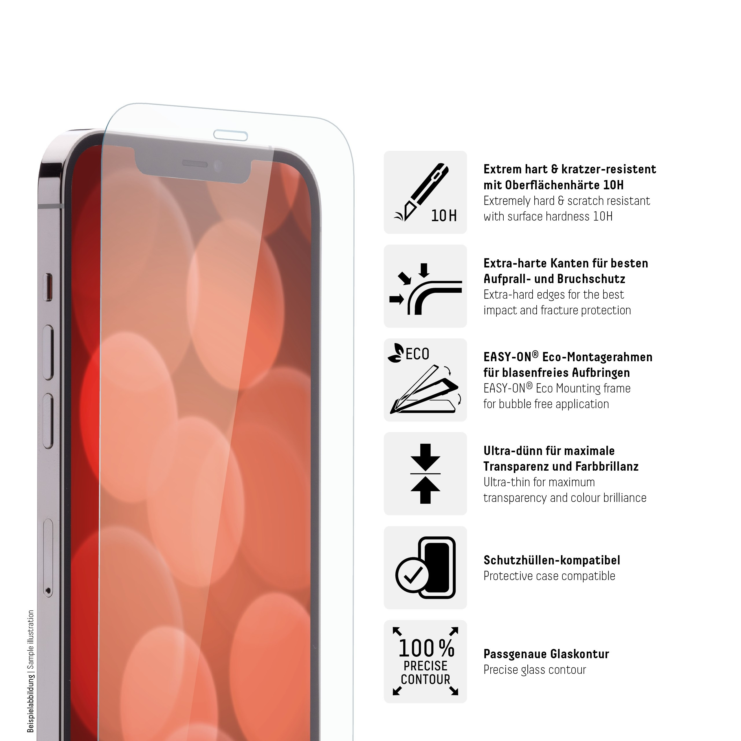 Un telefono con protezione schermo, con testo e icone bianche che descrivono le funzionalità.