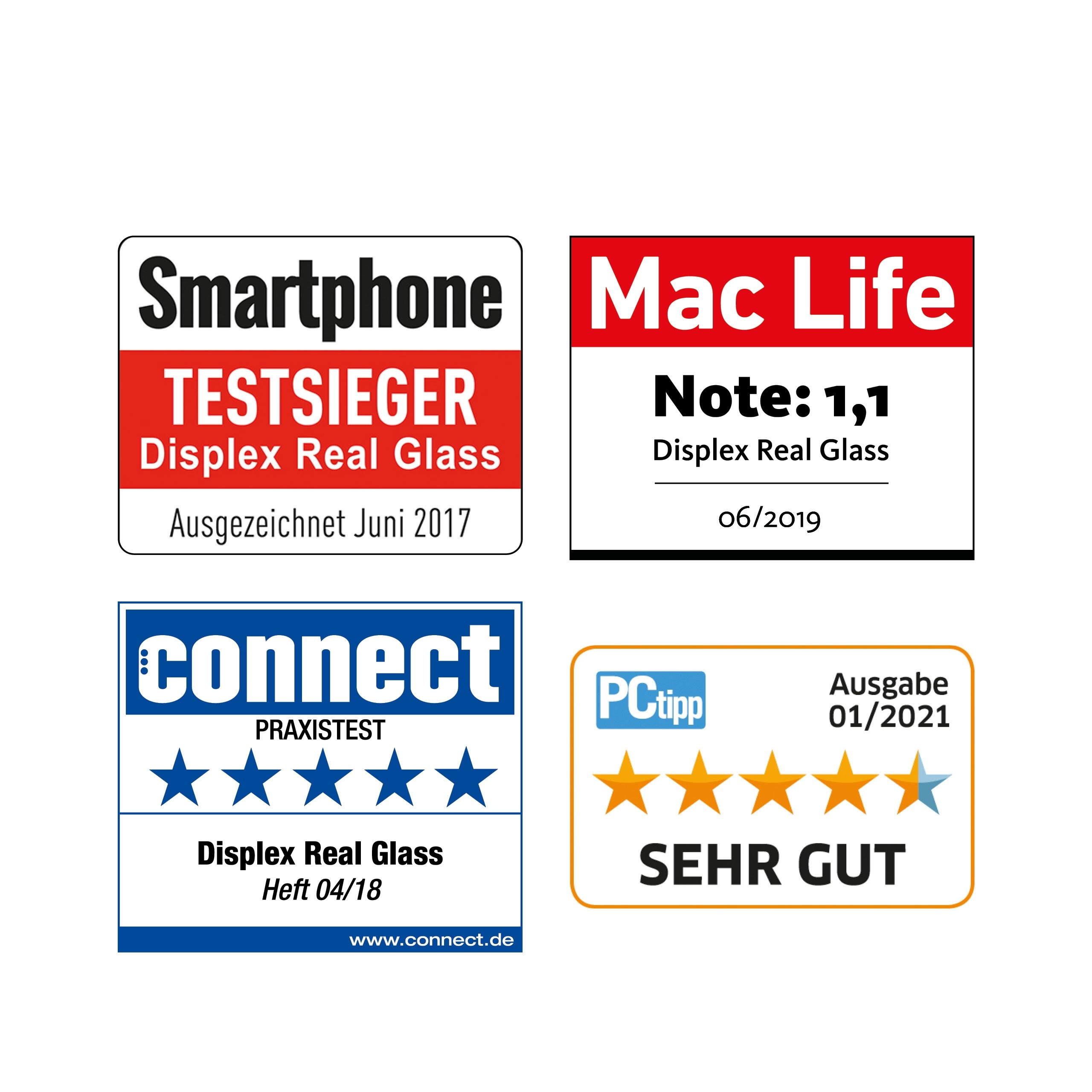 Vengono mostrati quattro loghi. Sono per Smartphone, Mac Life, Connect e PCtipp, tutti con valutazioni elevate.