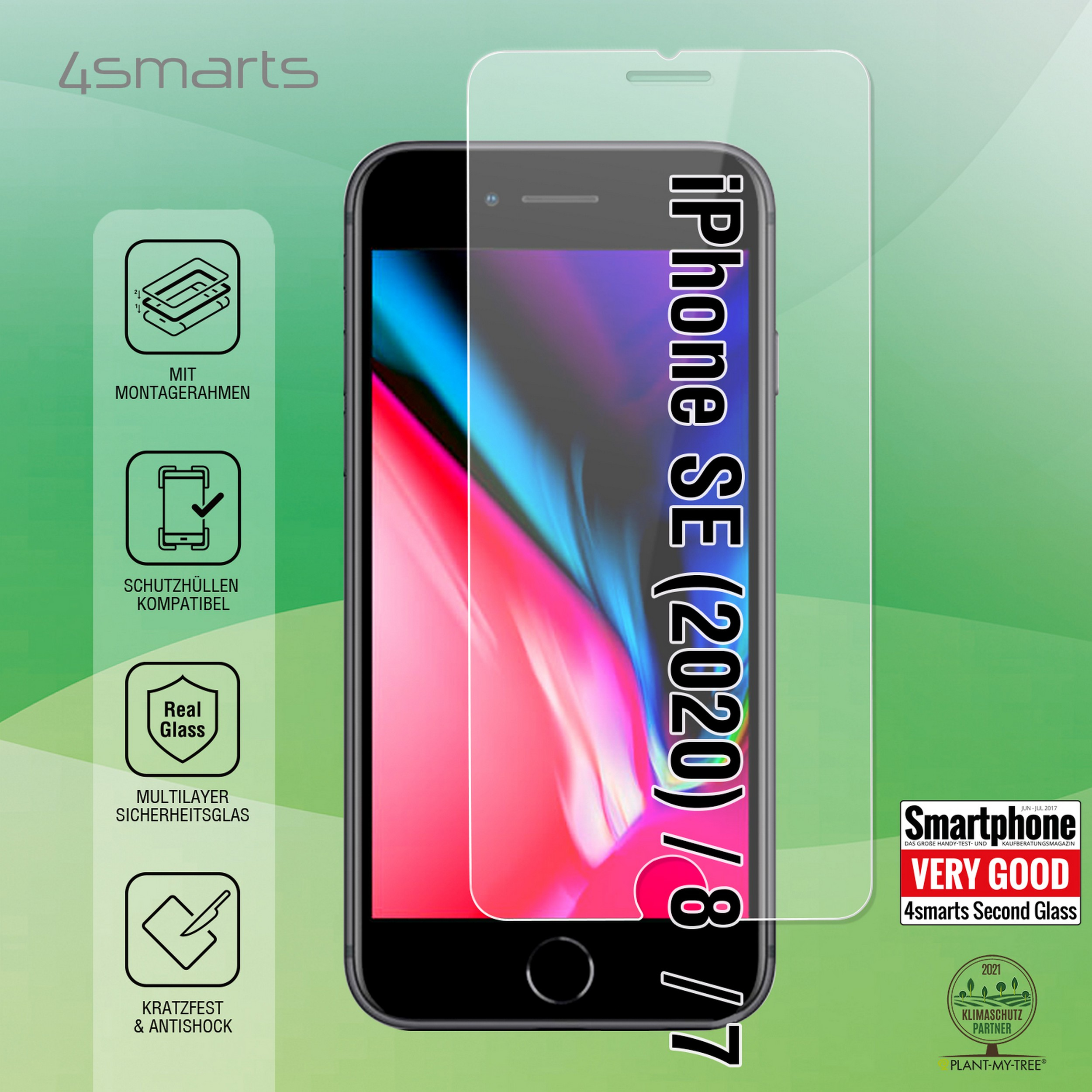 IPhone SE (2020) con protezione schermo sul telefono e testo sul lato destro.