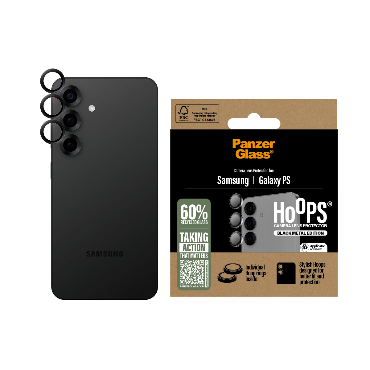 Telefono nero con protezione lente fotocamera e confezione, con testo e loghi.