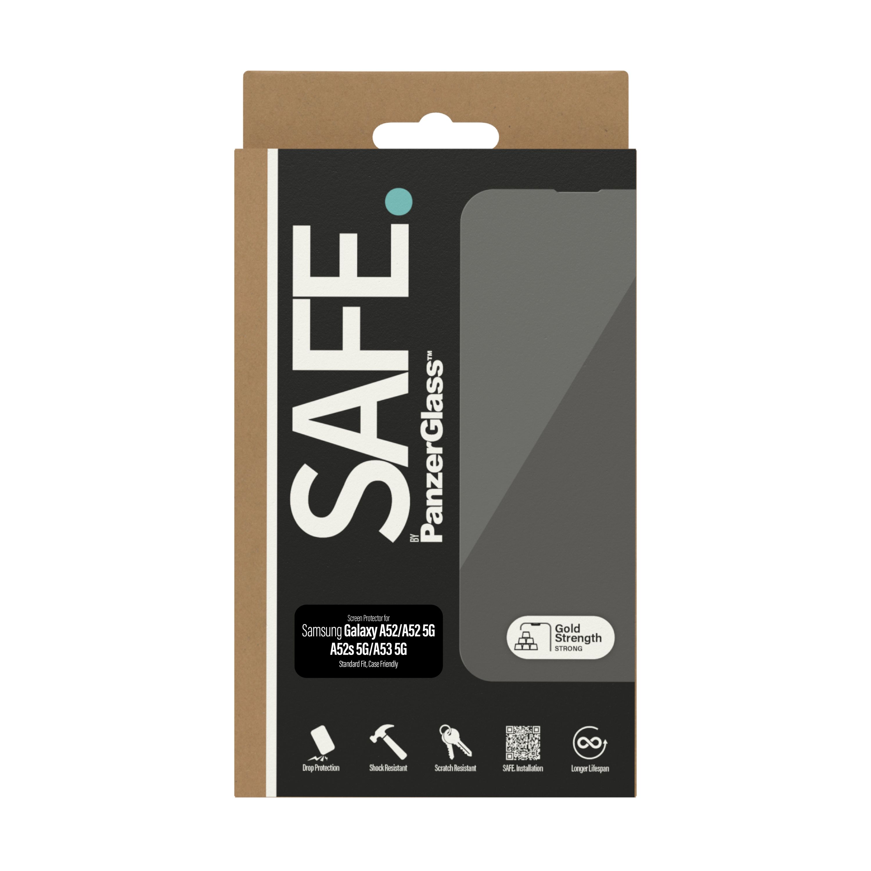 Scatola con testo SAFE by PanzerGlass, protezione schermo e icone. Marrone e nero.