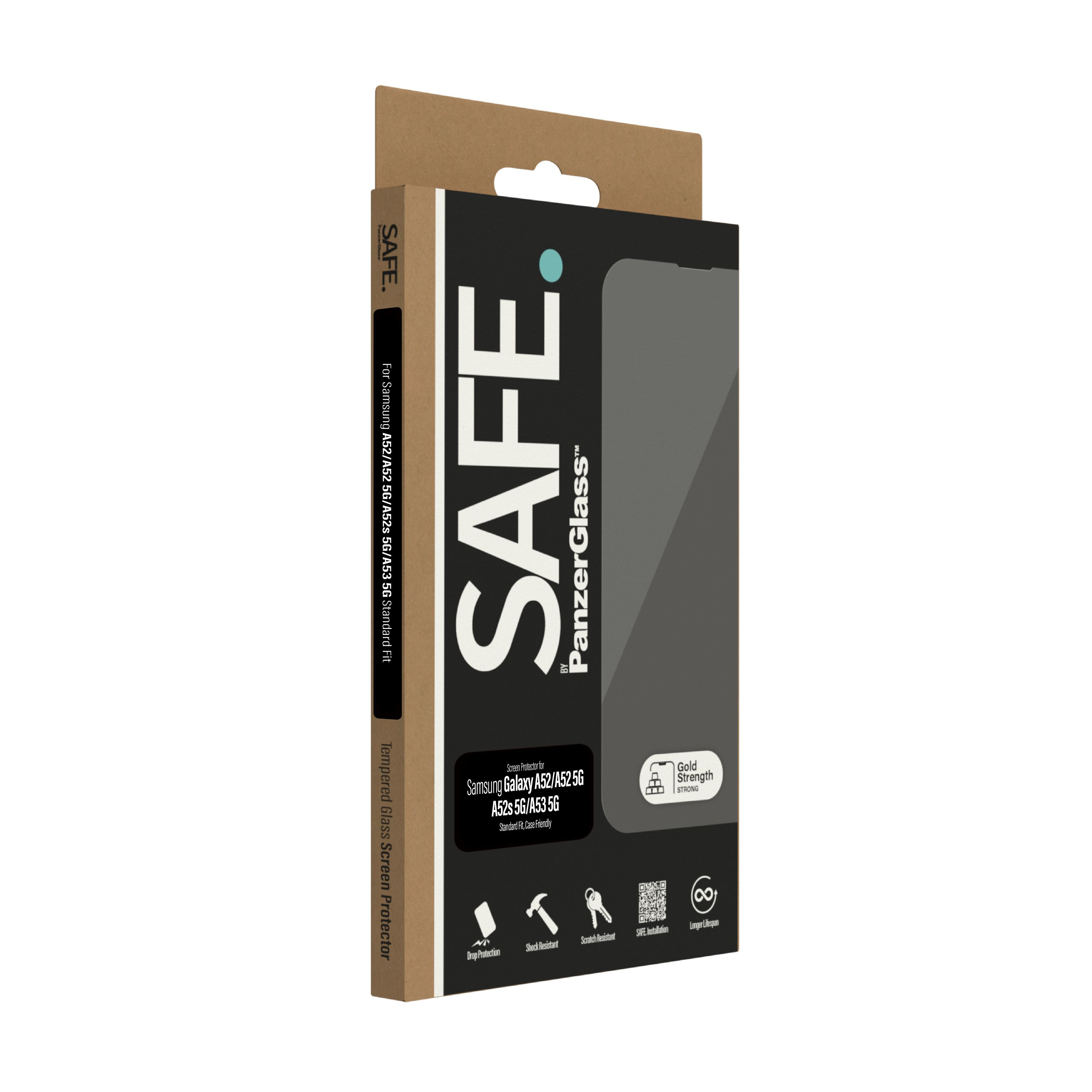 Scatola di imballaggio per una protezione schermo, con testo e loghi.