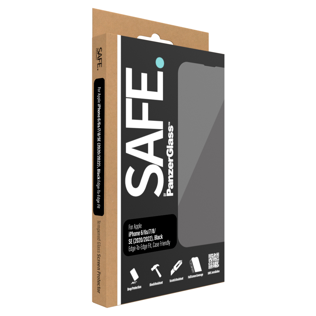 Una scatola di protezione dello schermo con testo. Il testo dice, SAFE, PanzerGlass e le caratteristiche del prodotto.