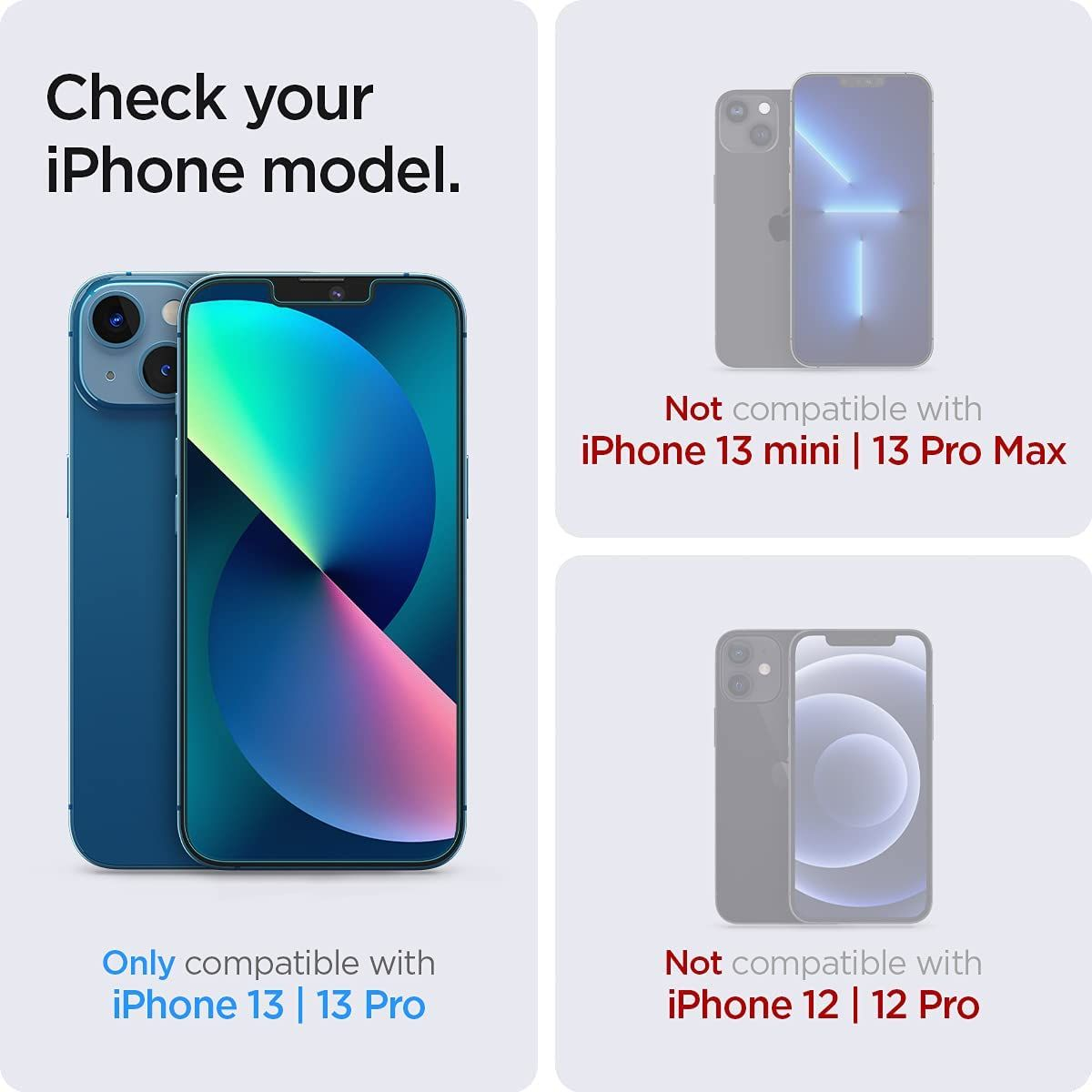 Obrazek przedstawia iPhone'y. Tekst pokazuje kompatybilność dla iPhone 13/13 Pro i brak kompatybilności dla innych modeli.