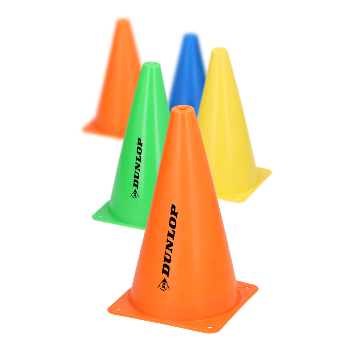 Five traffic cones, orange, green, blue, yellow, and orange. The green cone is labeled 'DUNLOP'.