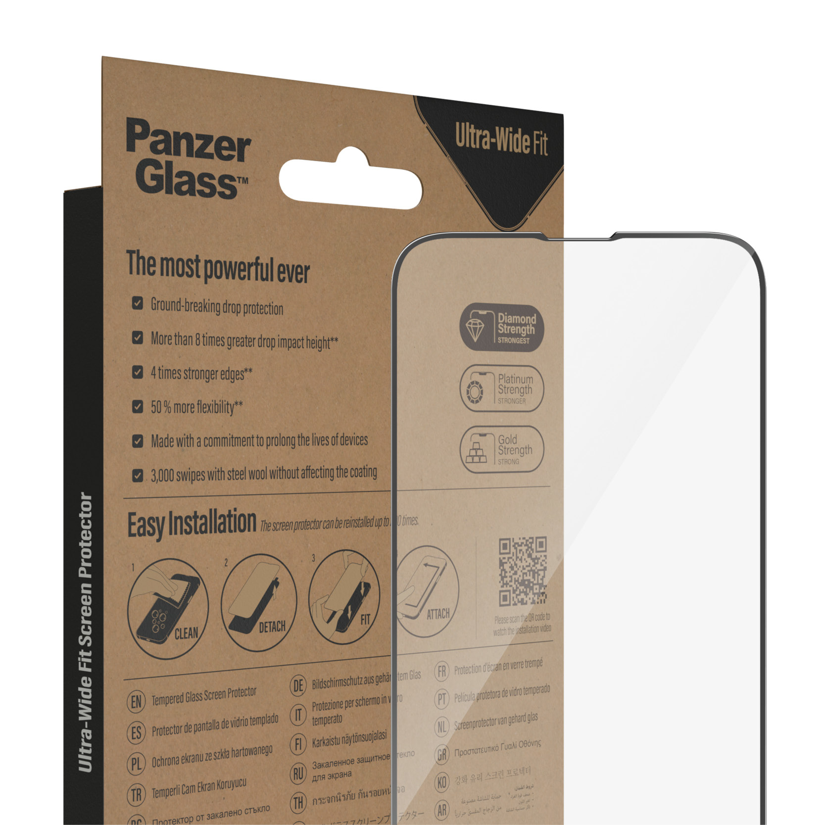 Verpackung der PanzerGlass Displayschutzfolie. Es enthält Text und Grafiken, die die Produktmerkmale und die Installation zeigen.