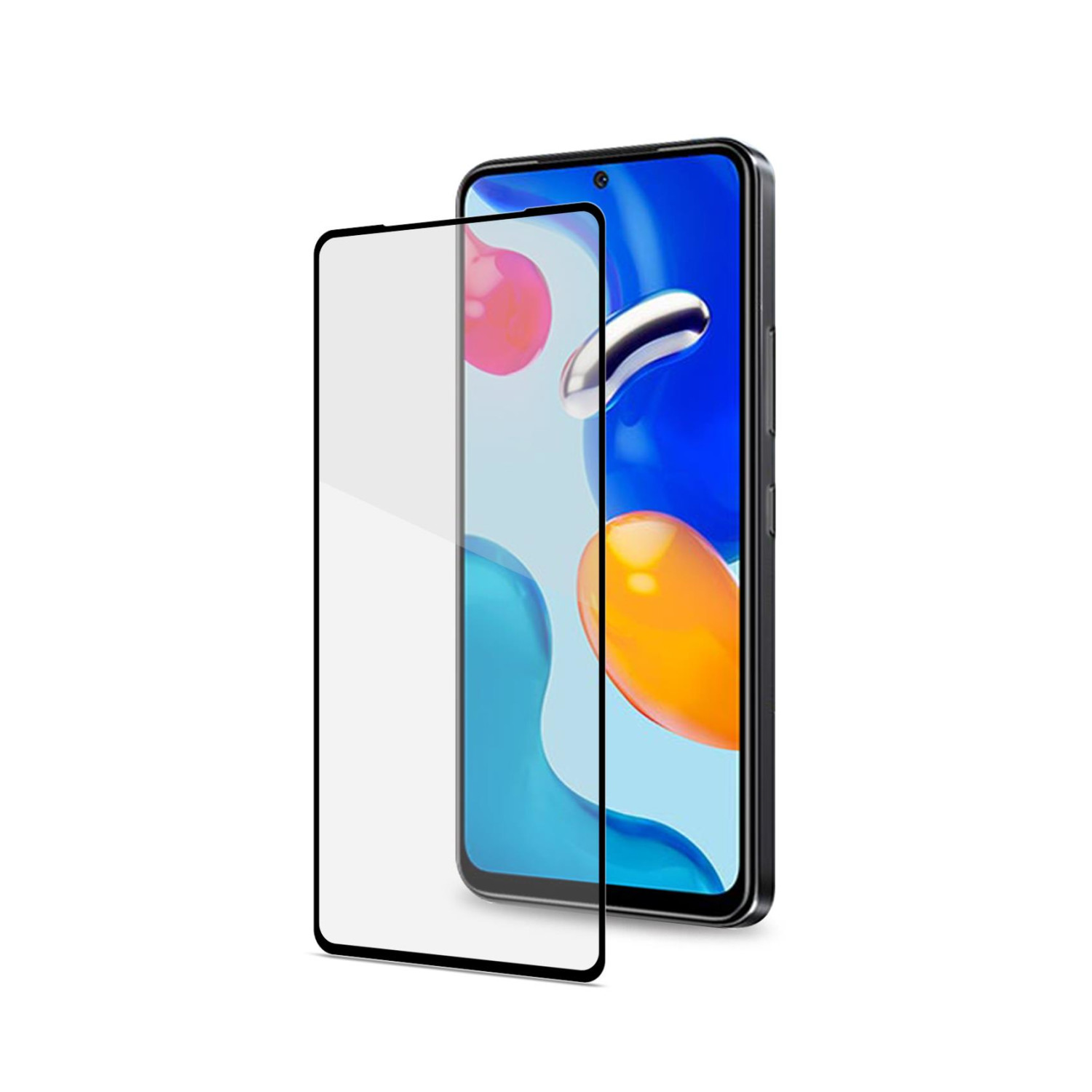 Uno smartphone con protezione schermo. Il telefono ha uno sfondo blu e arancione.