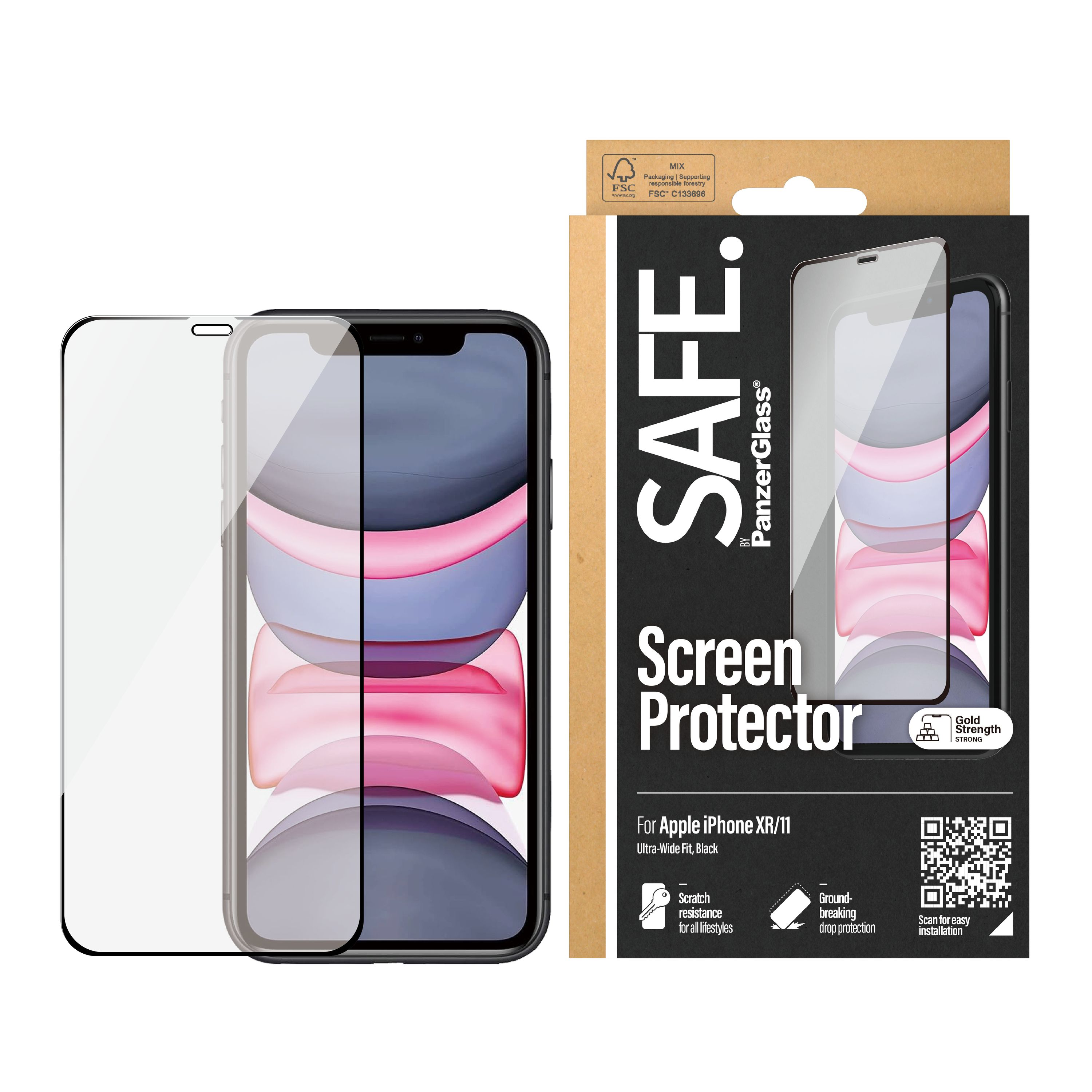 iPhone con protezione schermo e scatola. Protezione trasparente, telefono con schermo rosa, scatola marrone.