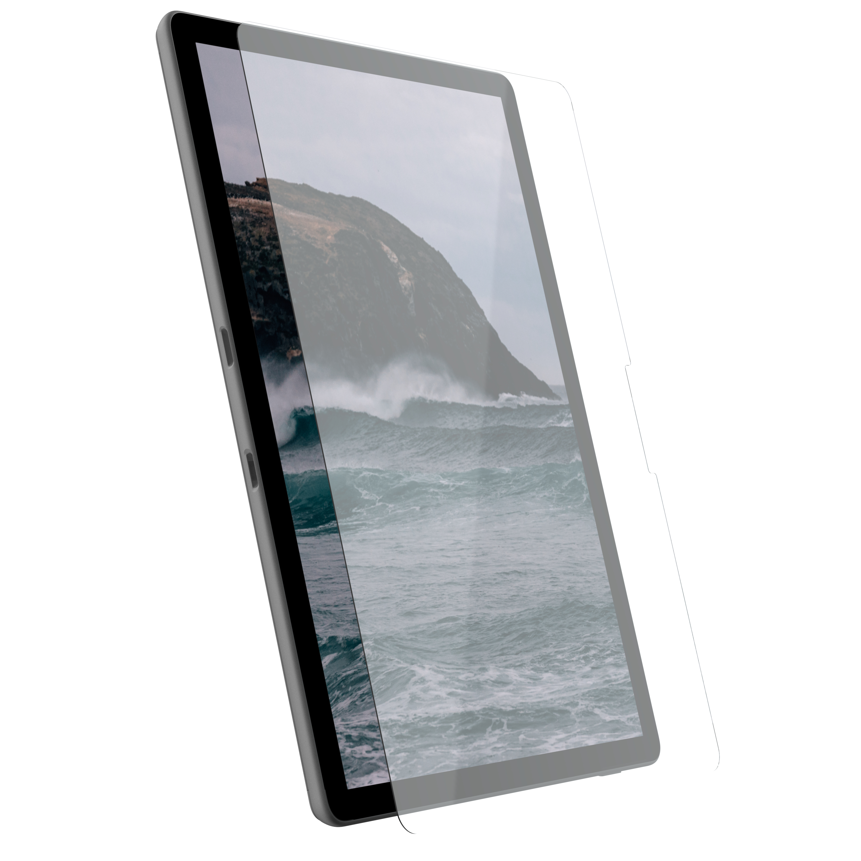 Tablet con protezione schermo. Il tablet è angolato, mostrando un paesaggio costiero.