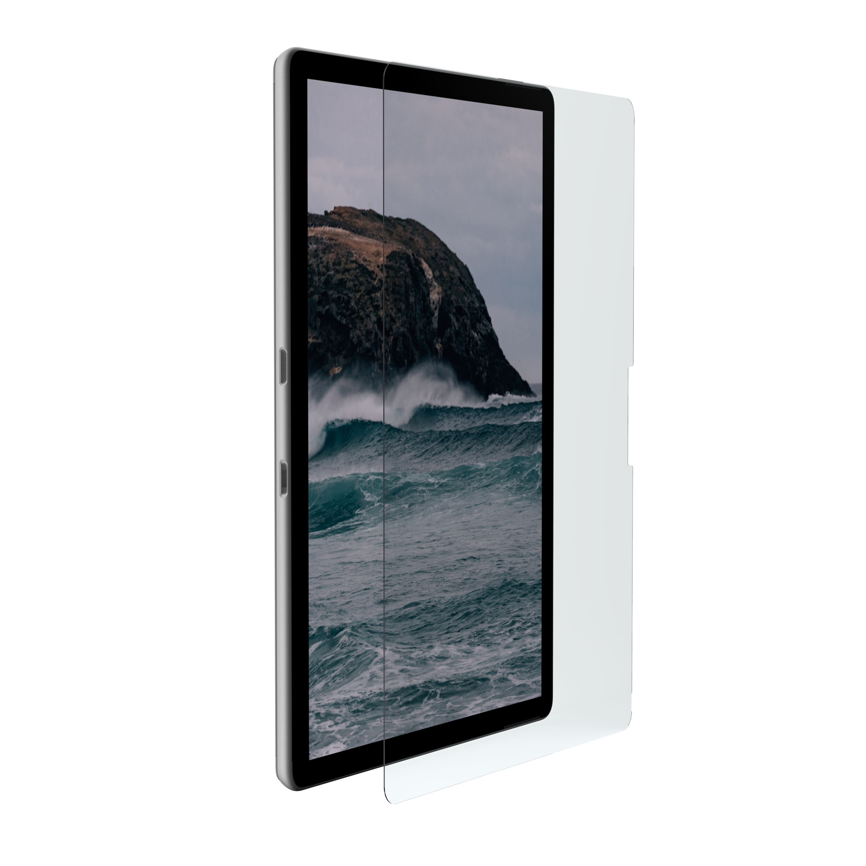 Tablet con protezione schermo. Lo schermo mostra un paesaggio.