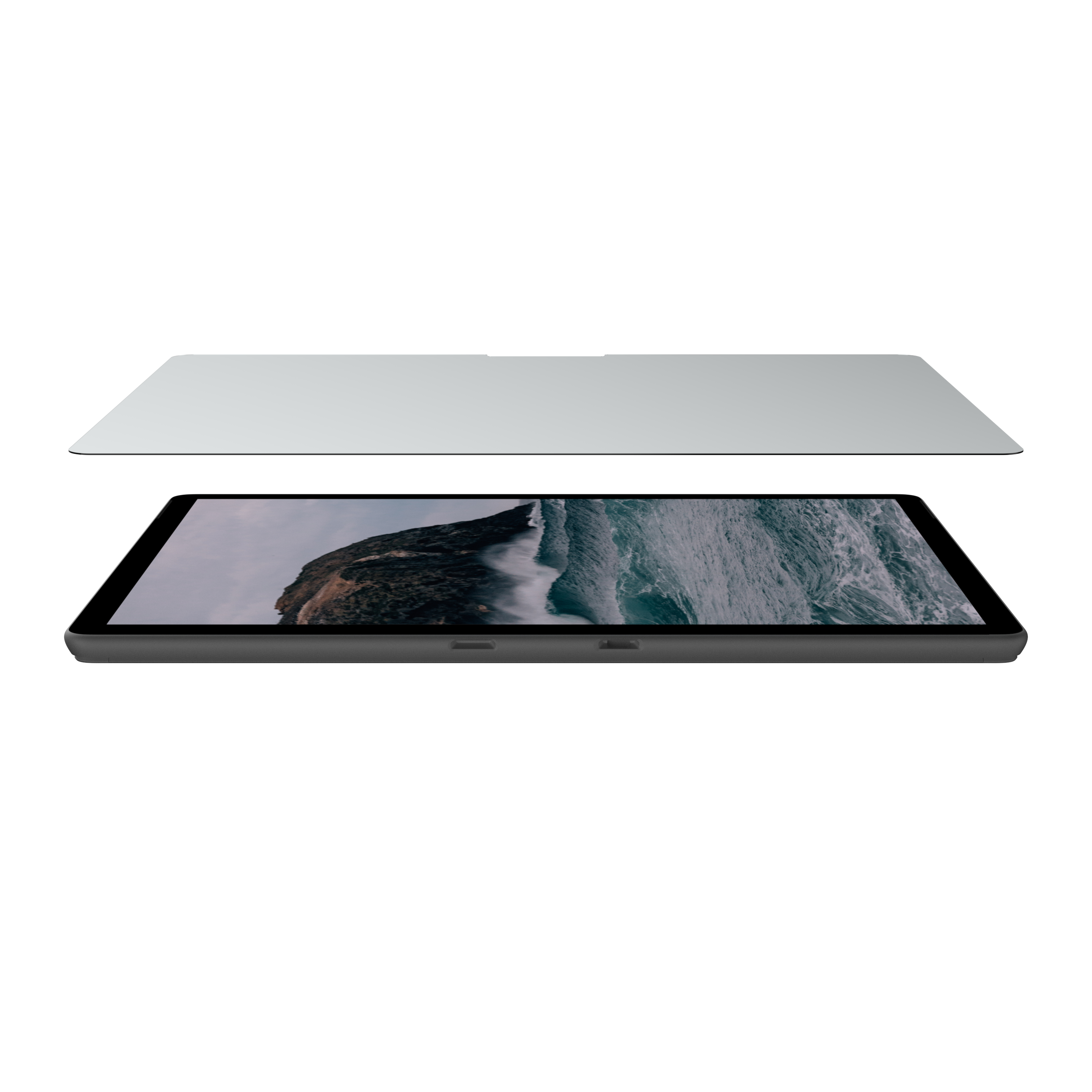 Tablet nero con protezione schermo sopra. Lo schermo mostra un paesaggio. Sfondo bianco.