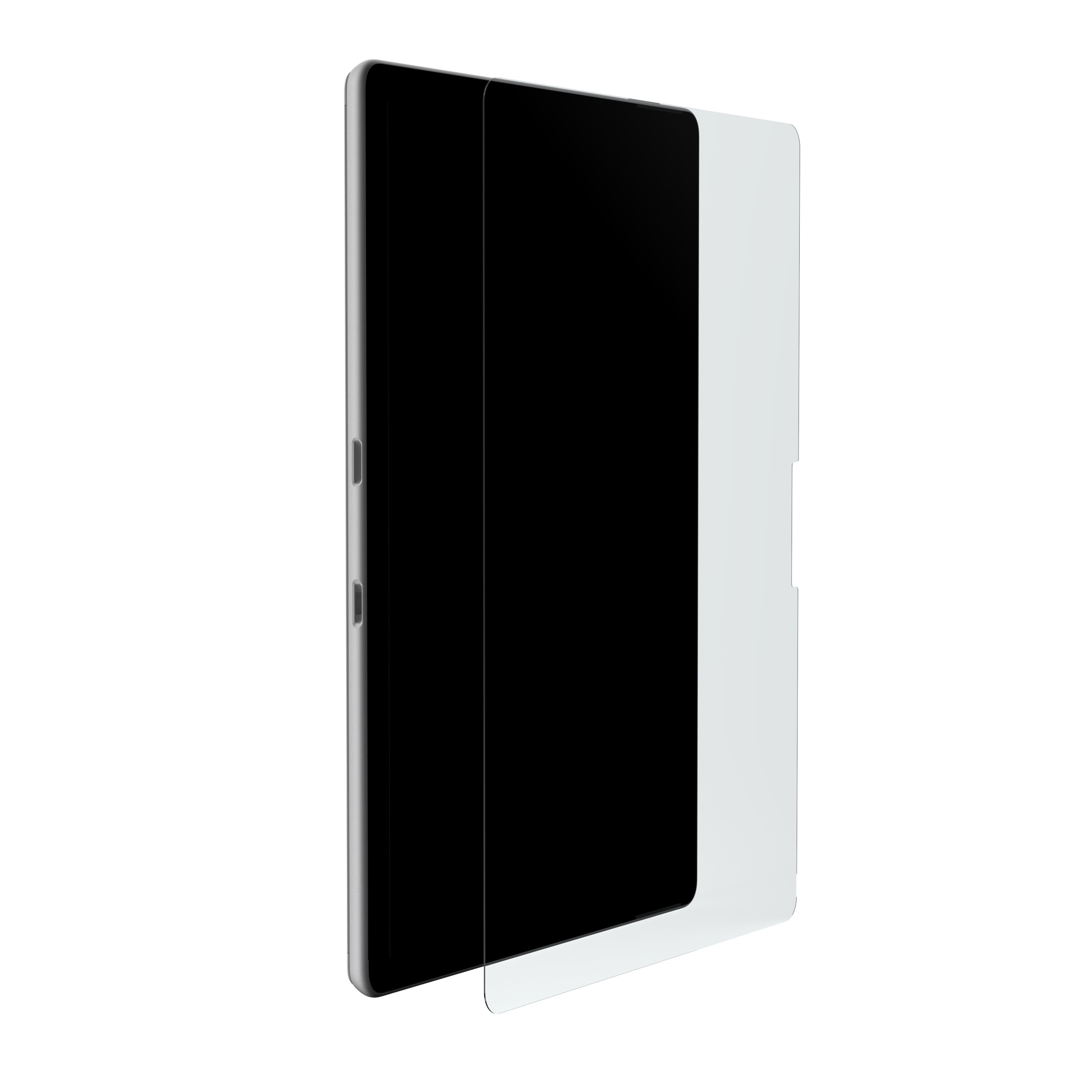 Tablet con protezione schermo. Il tablet è nero, la protezione è trasparente.