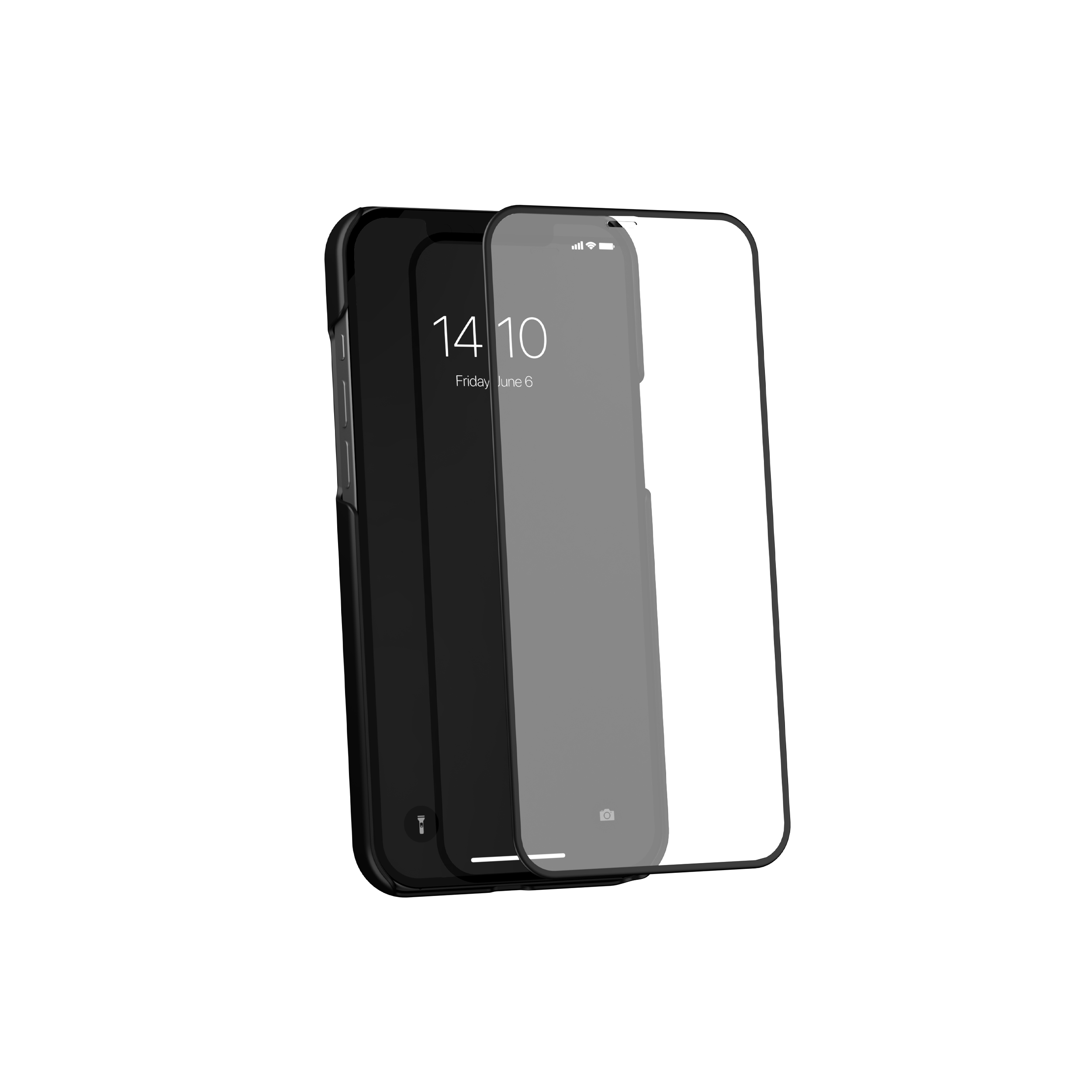Smartphone nero con protezione schermo. Lo schermo mostra un orologio. Sfondo bianco.