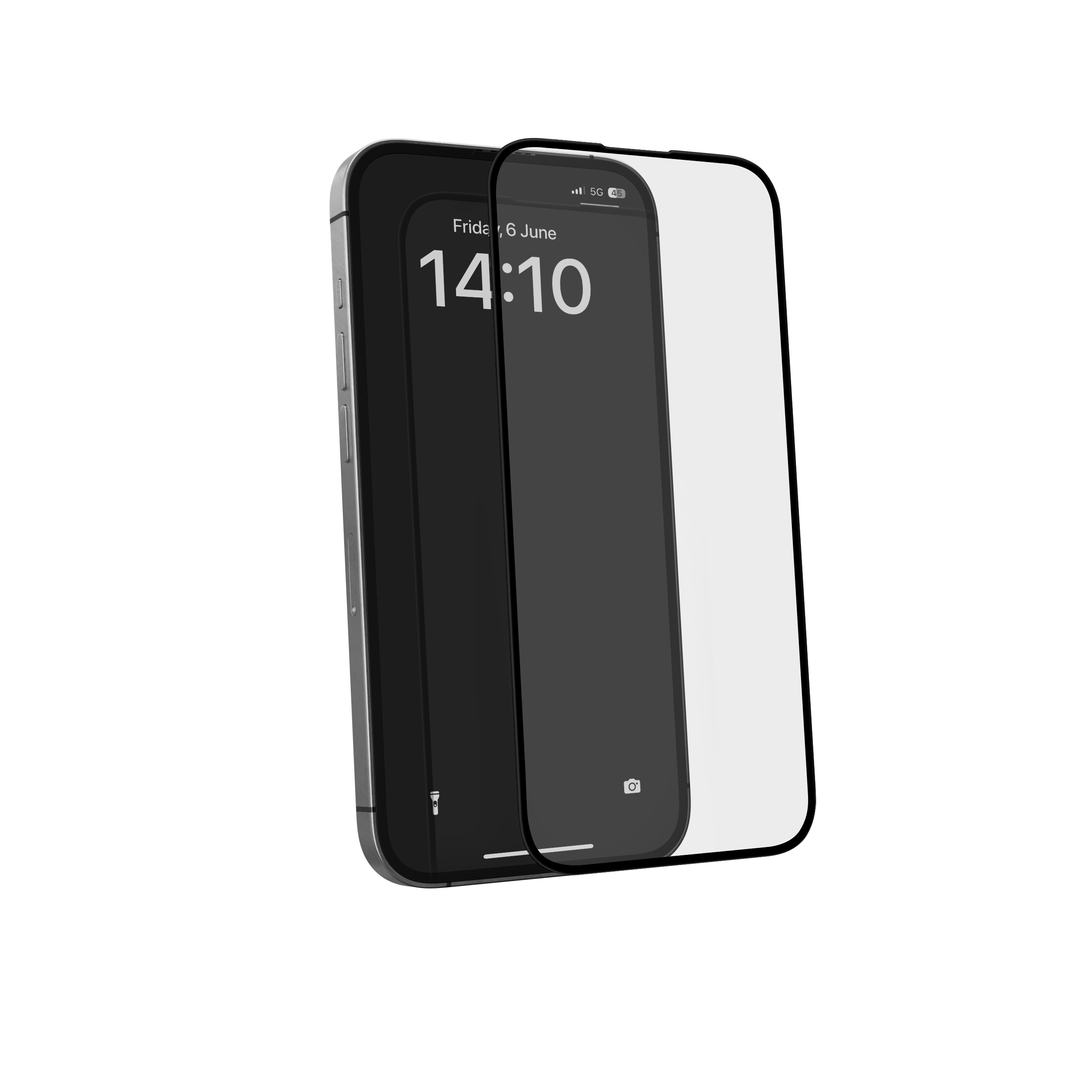 Un telefono con l'ora visualizzata, proteggi schermo a destra. Sfondo bianco.