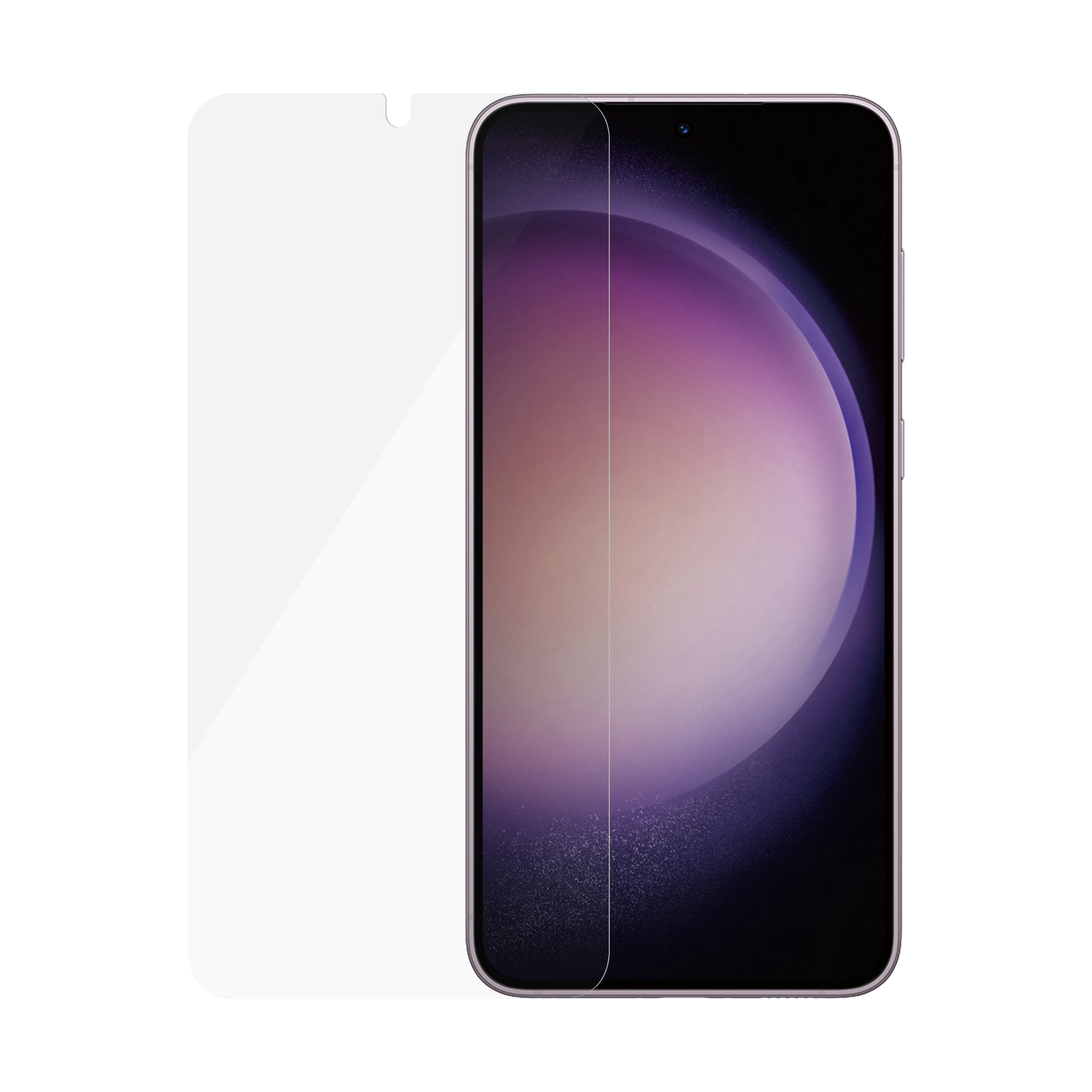 Smartfon z nałożonym ochraniaczem ekranu. Ekran wyświetla fioletowo-złoty gradient.
