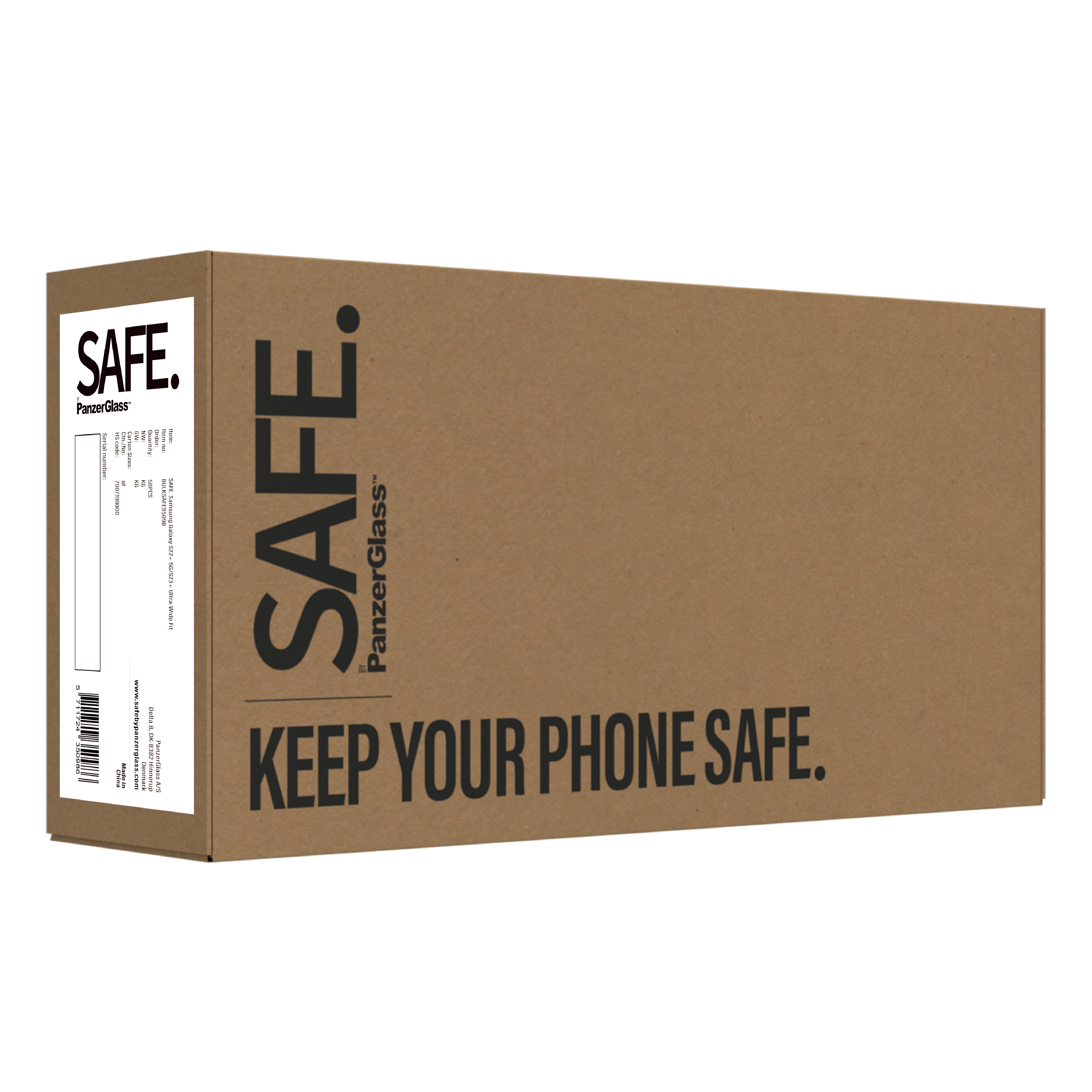 Brązowe pudełko z logo SAFE i PanzerGlass. Tekst brzmi: CHROŃ SWÓJ TELEFON.