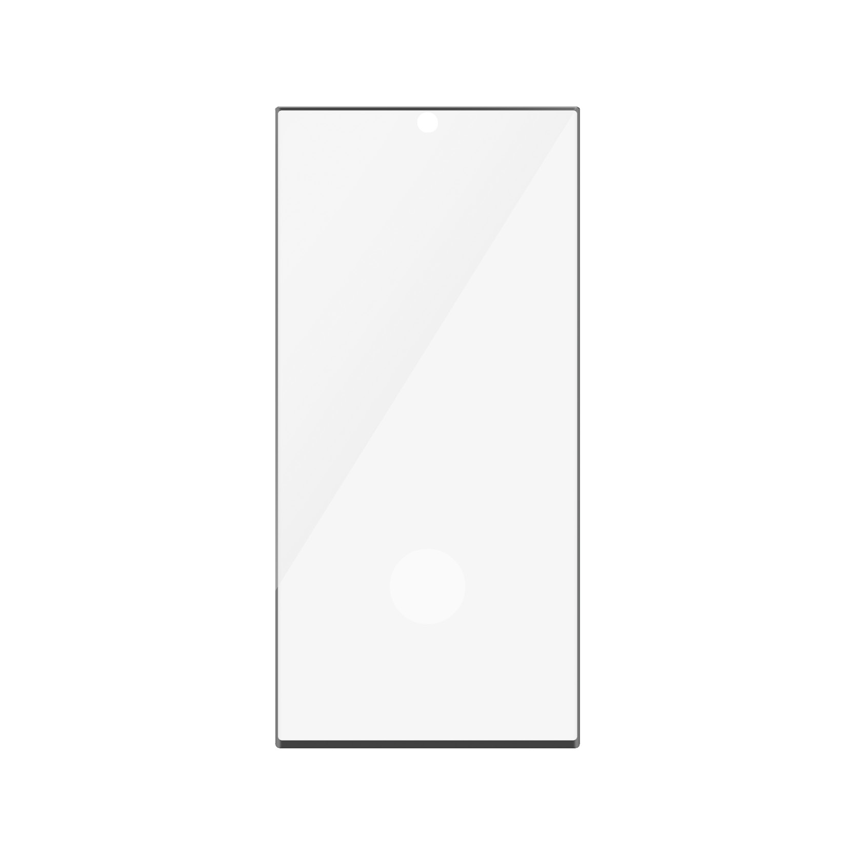 Przezroczysta osłona ekranu do telefonu, z czarną obwódką. Białe tło. Osłona ekranu jest w centrum uwagi.