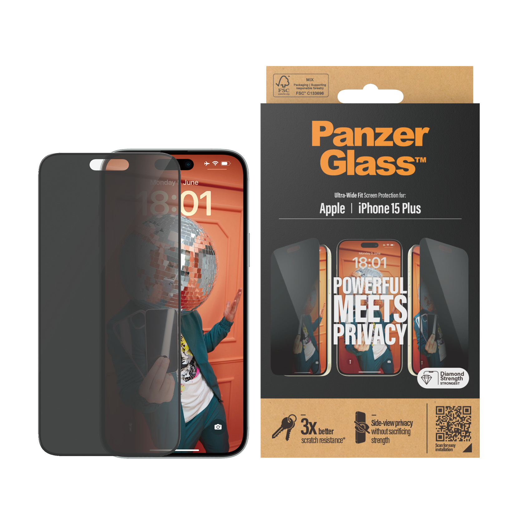 Un telefono e la sua protezione schermo accanto a una scatola PanzerGlass. La scatola ha immagini del telefono e testo.