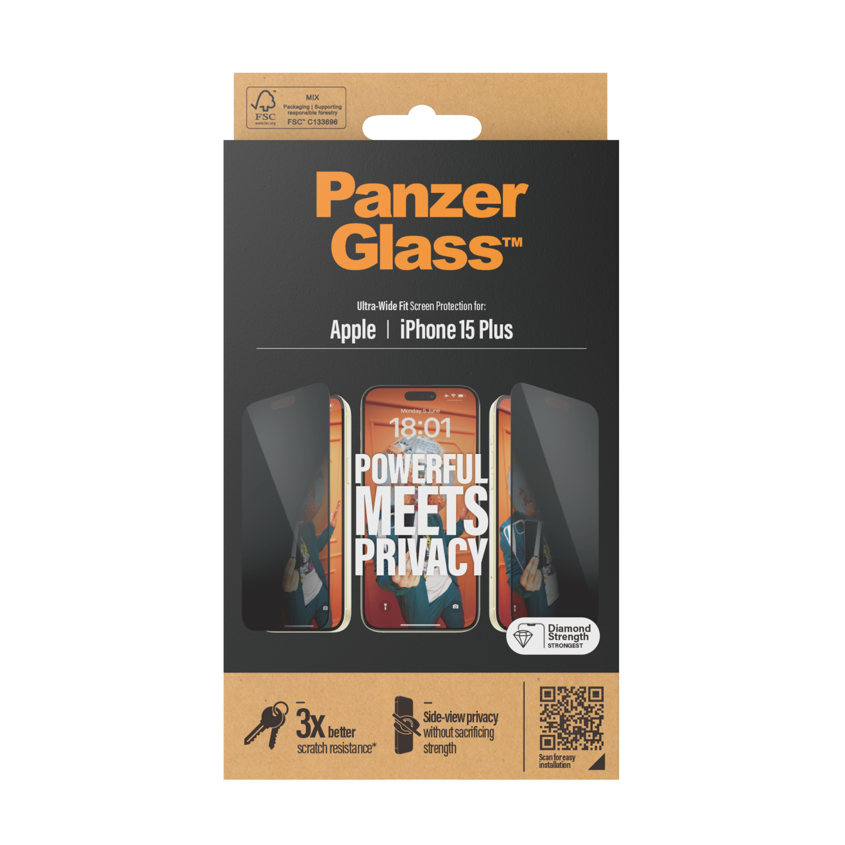 Scatola PanzerGlass per iPhone 15 Plus. Tre telefoni mostrano la protezione schermo, privacy.