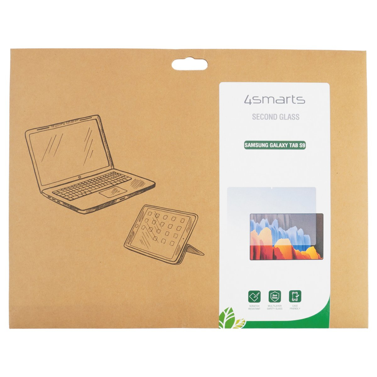 Un pacco marrone con un disegno di un laptop e un tablet. La confezione mostra anche una protezione schermo.