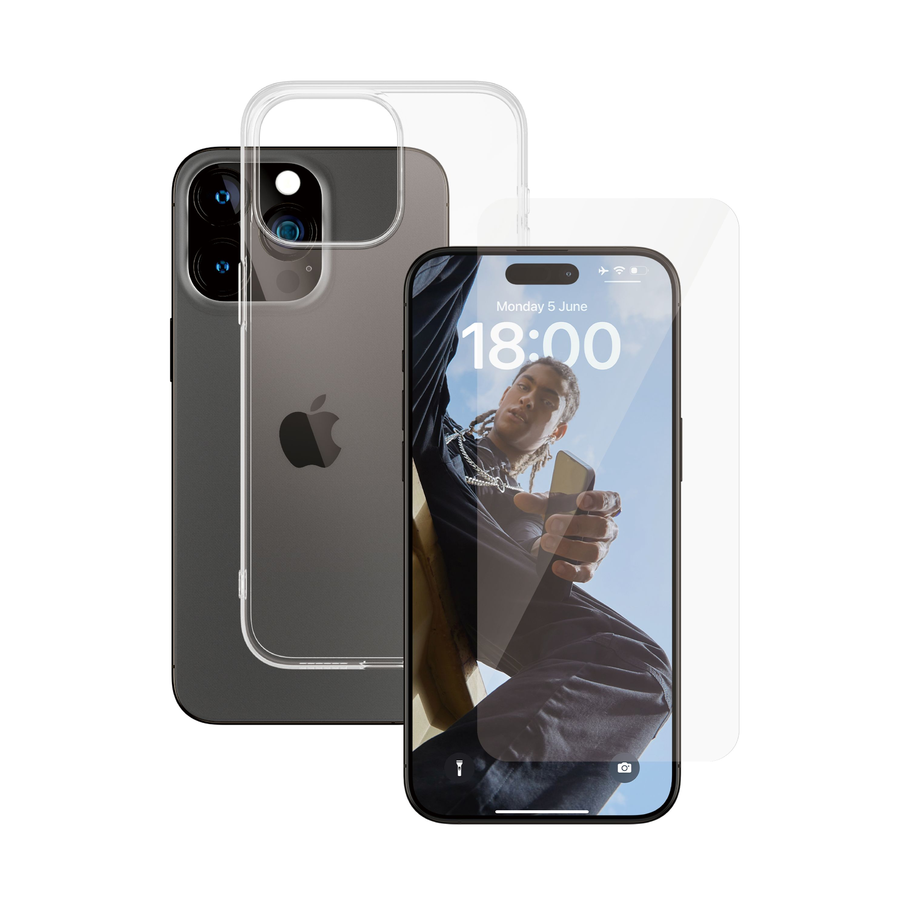 iPhone con protezione schermo e custodia. Cielo e nuvole sullo sfondo.