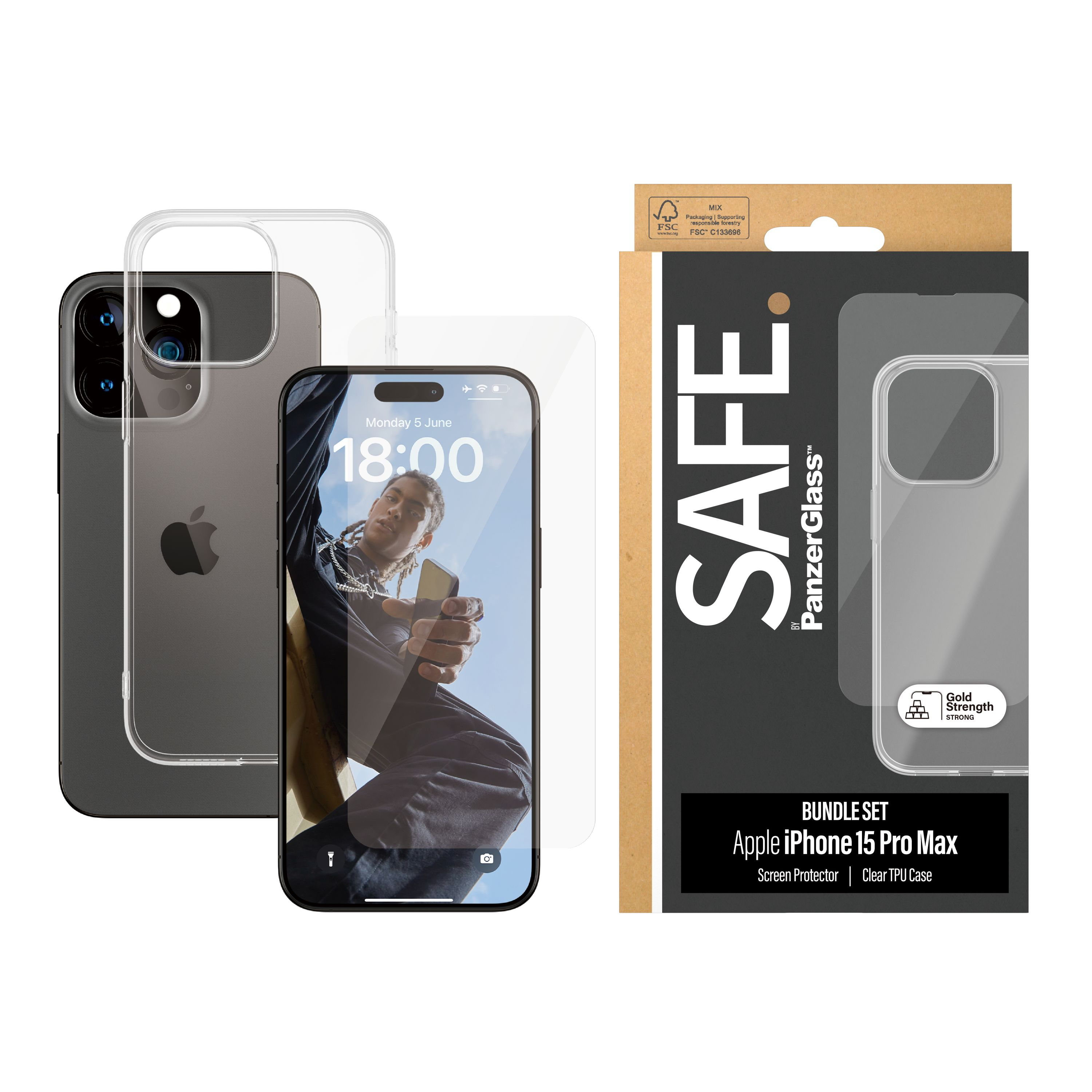 iPhone con protezione schermo e custodia in una scatola. Set bundle.