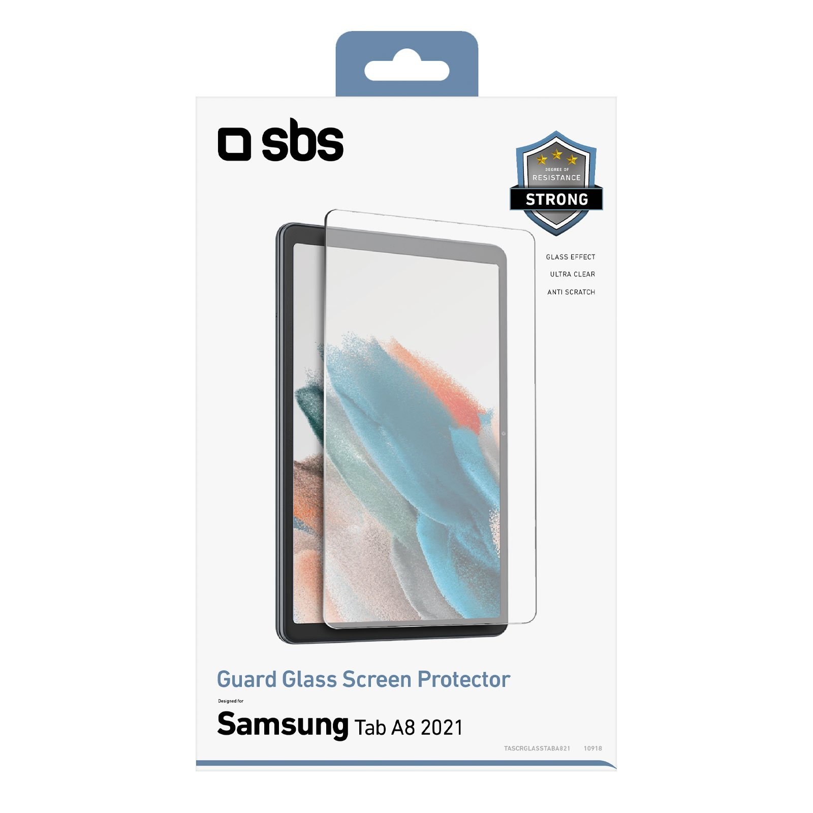 Caja con protector de pantalla Samsung Tab A8 2021. El protector es transparente. Etiqueta: Guard Glass Screen Protector.